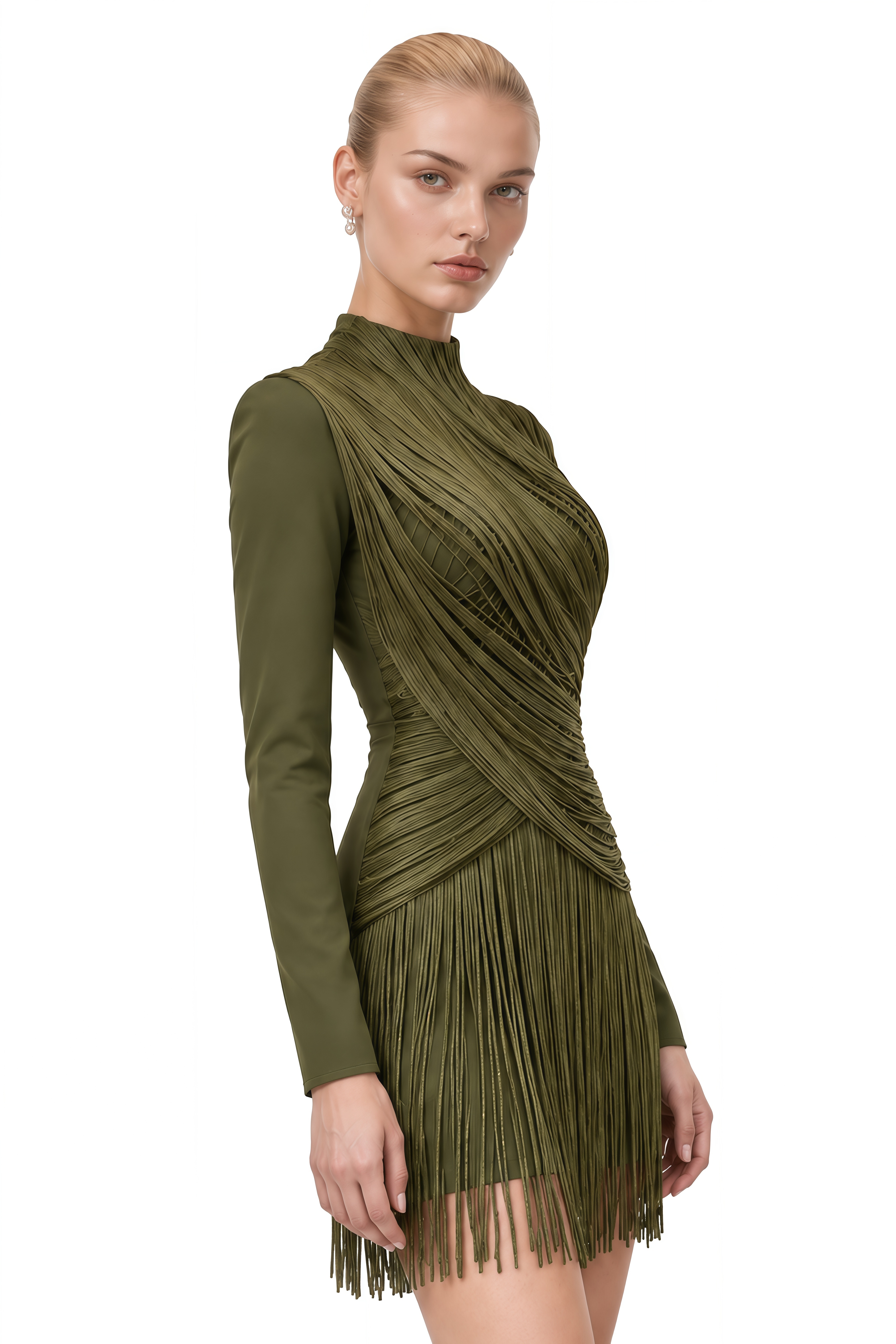 Coralie Olive Green Long Sleeves Fringe Mini Dress