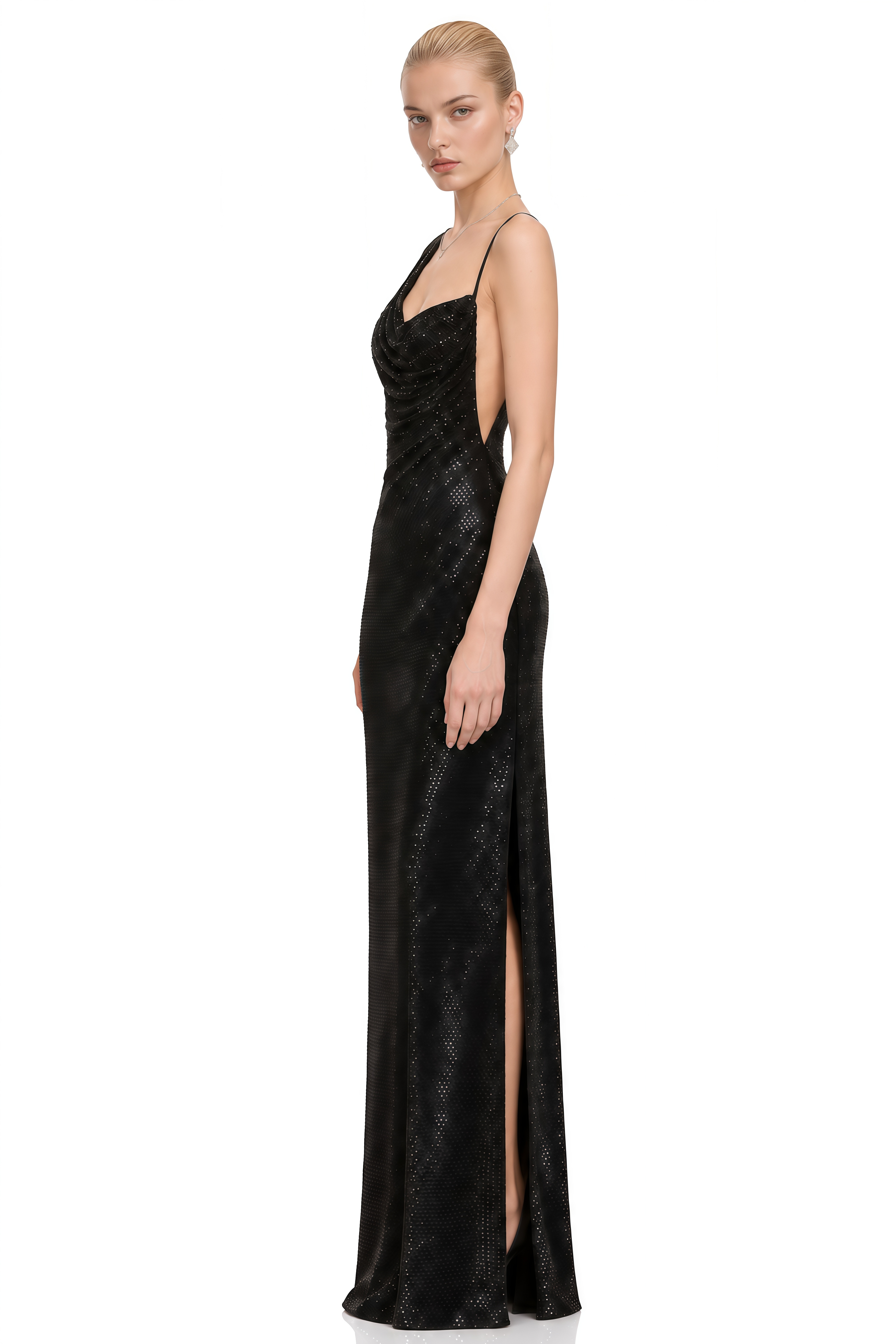Flora Black Asymmetrical Sequined Maxi Dress