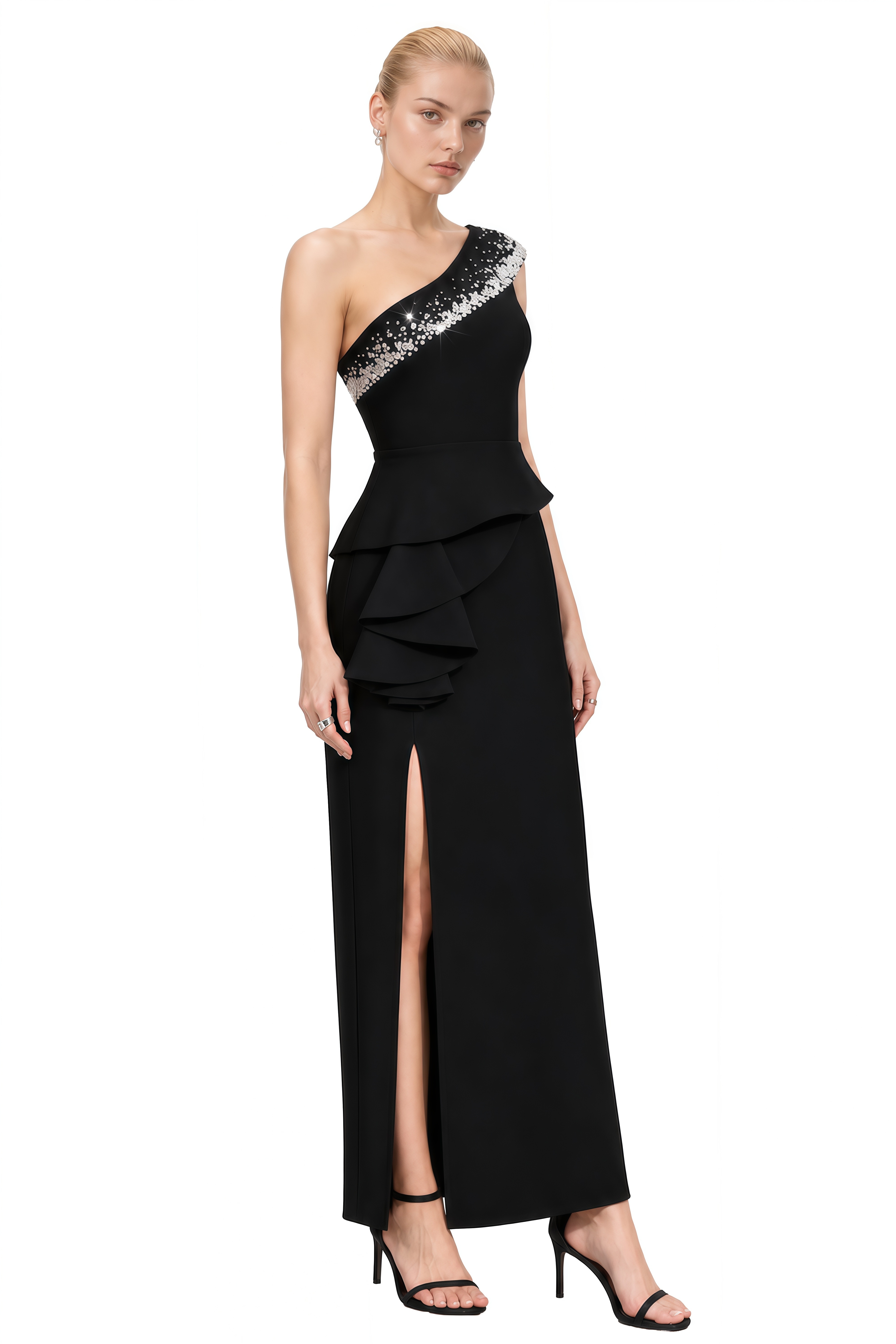 Lily Black One-Shoulder Embellished Maxi Dress