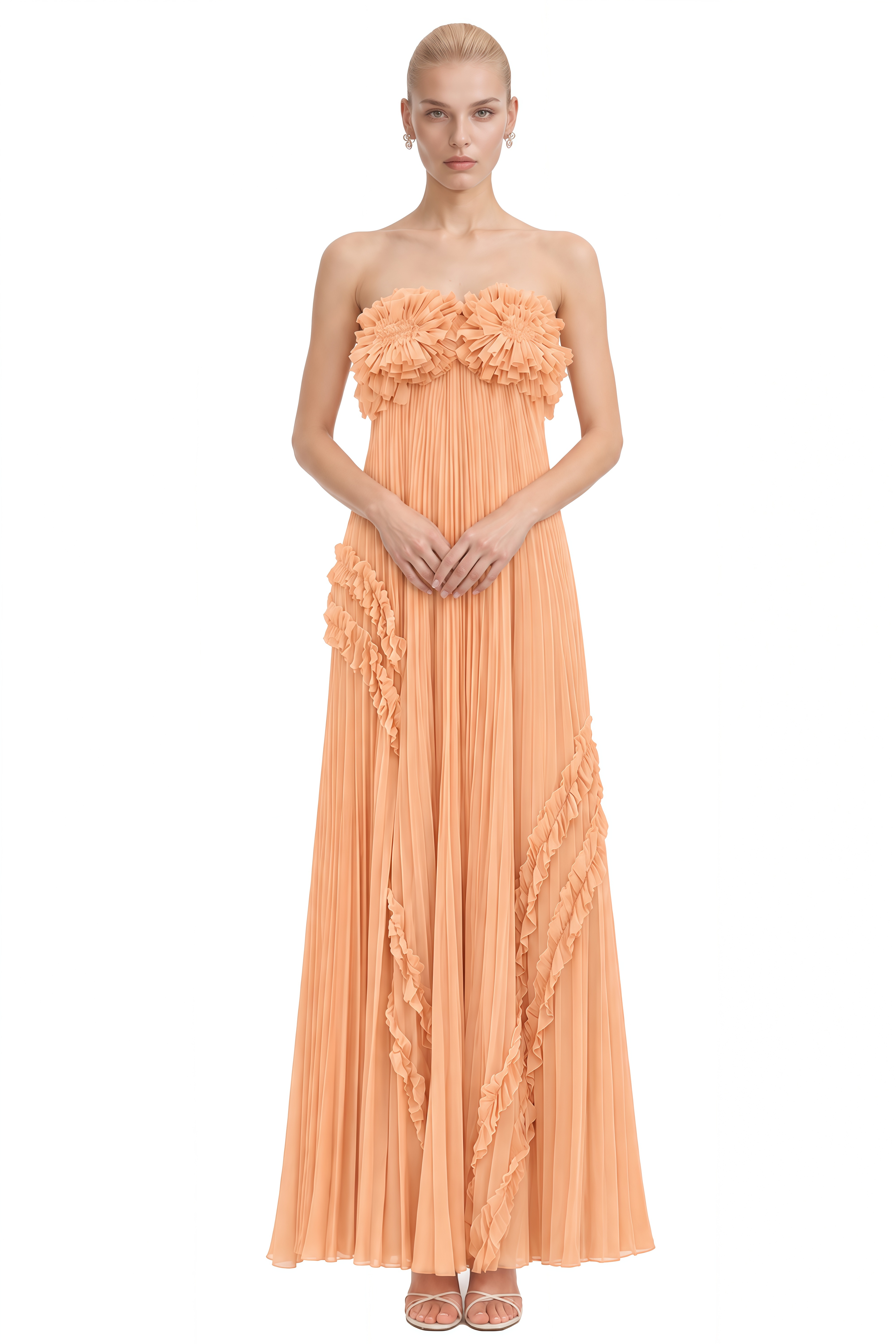 Lucy Orange Strapless Ruffled Maxi Dress