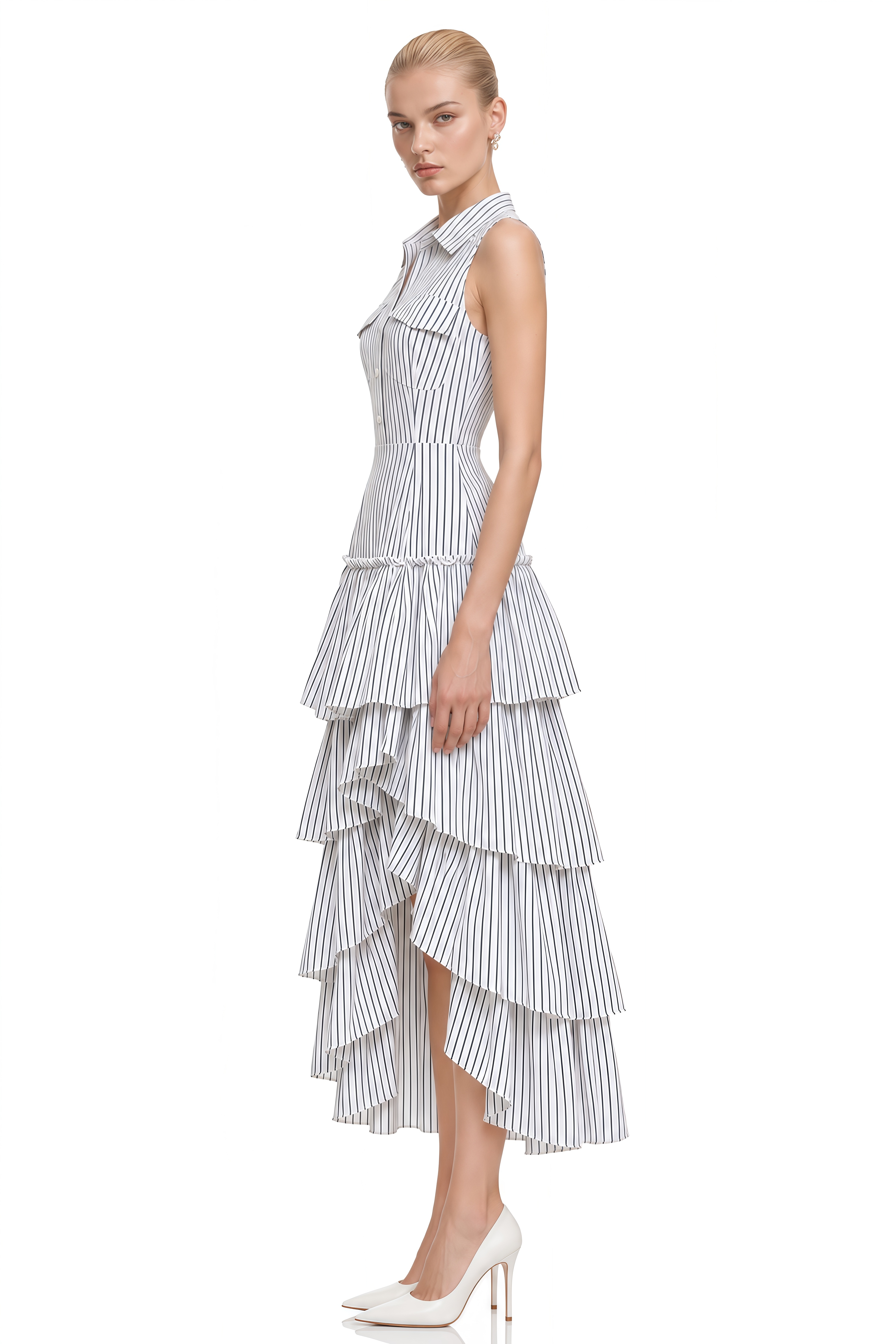 Nina White Sleeveless Striped Shirt & Skirt Set
