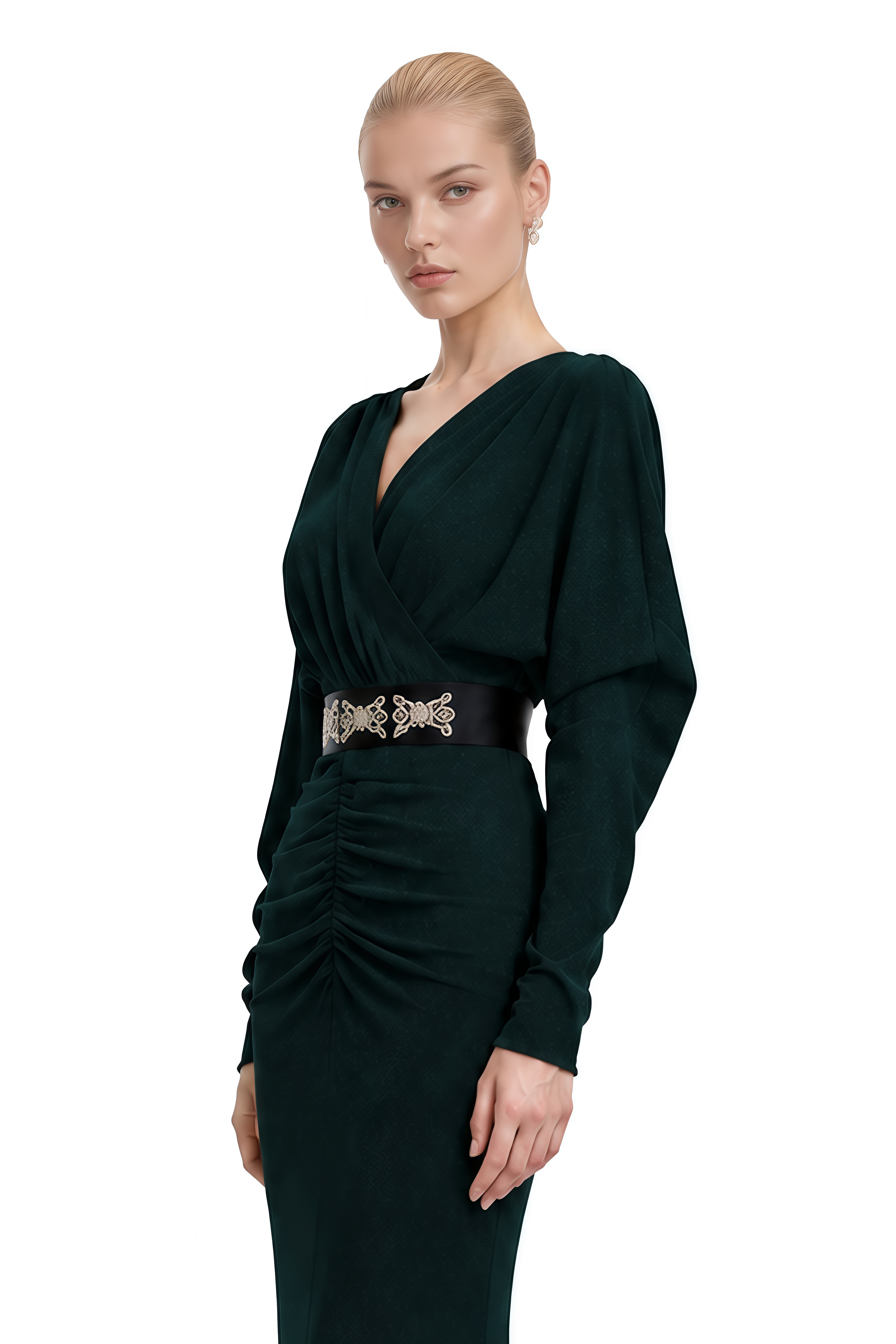 Genevieve Dark Green Long Sleeves Ruched Maxi Dress