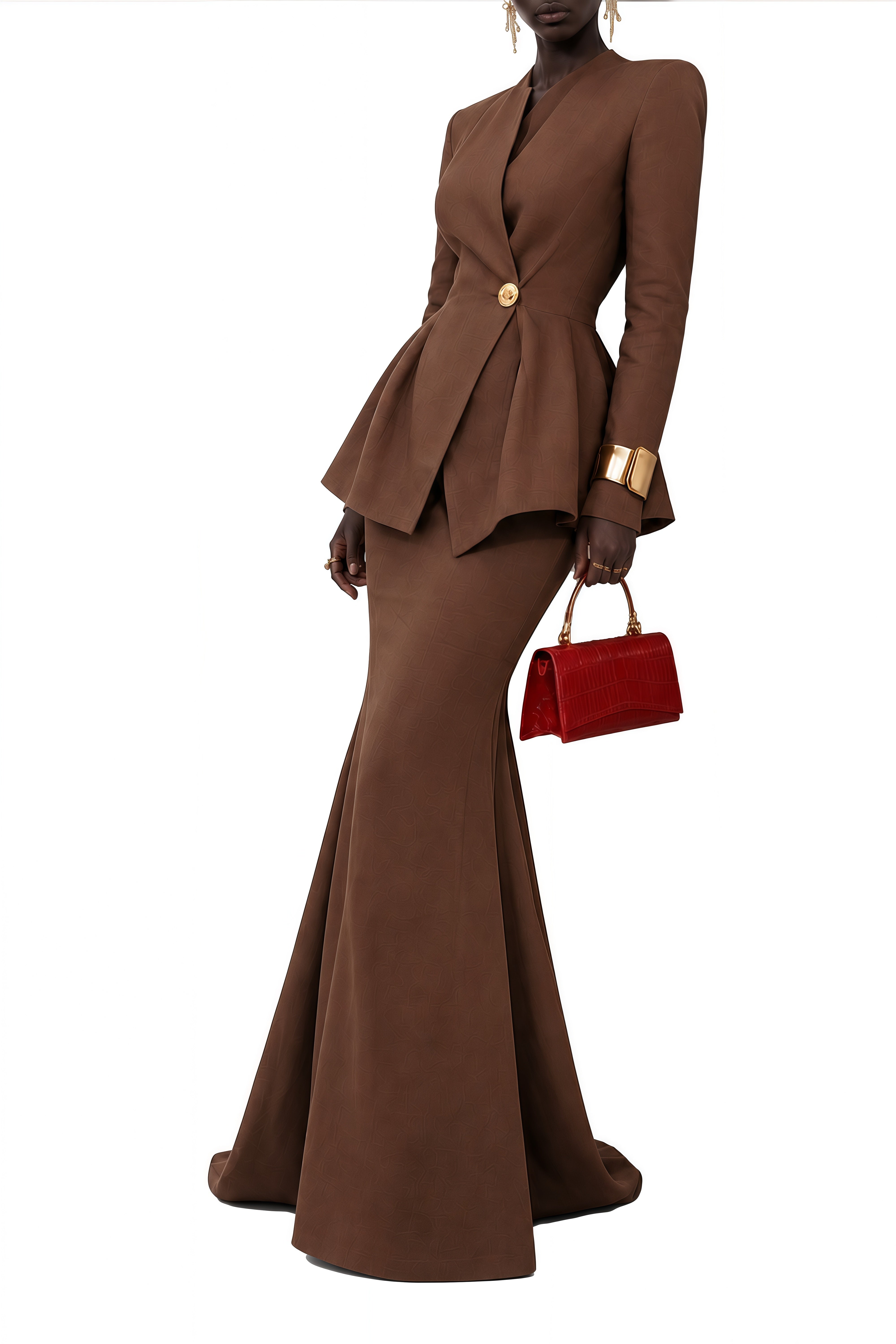 Austen Brown Long Sleeves Pleated Coat & Skirt Set
