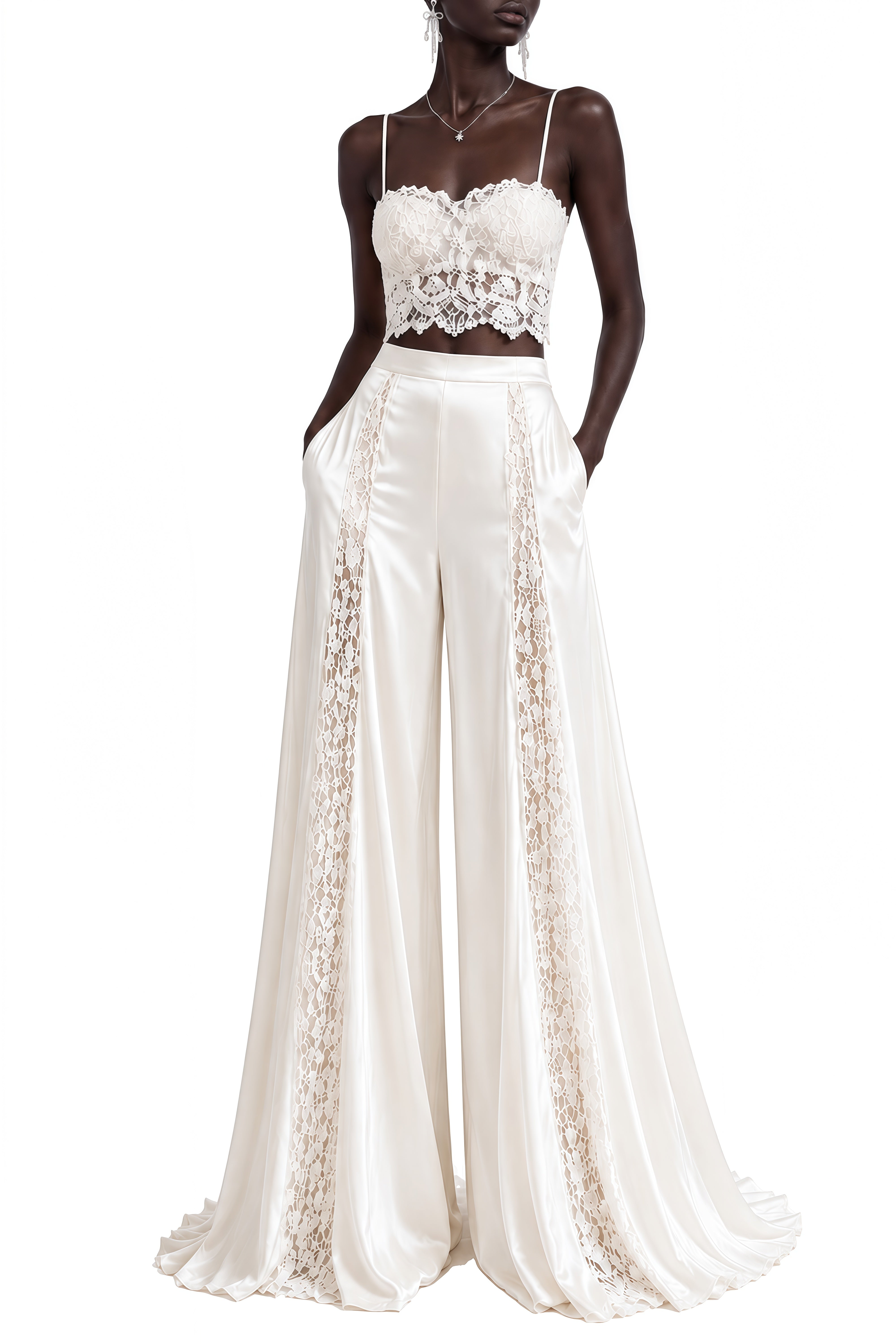 Vesper White Sleeveless Lace Top & Trousers Set
