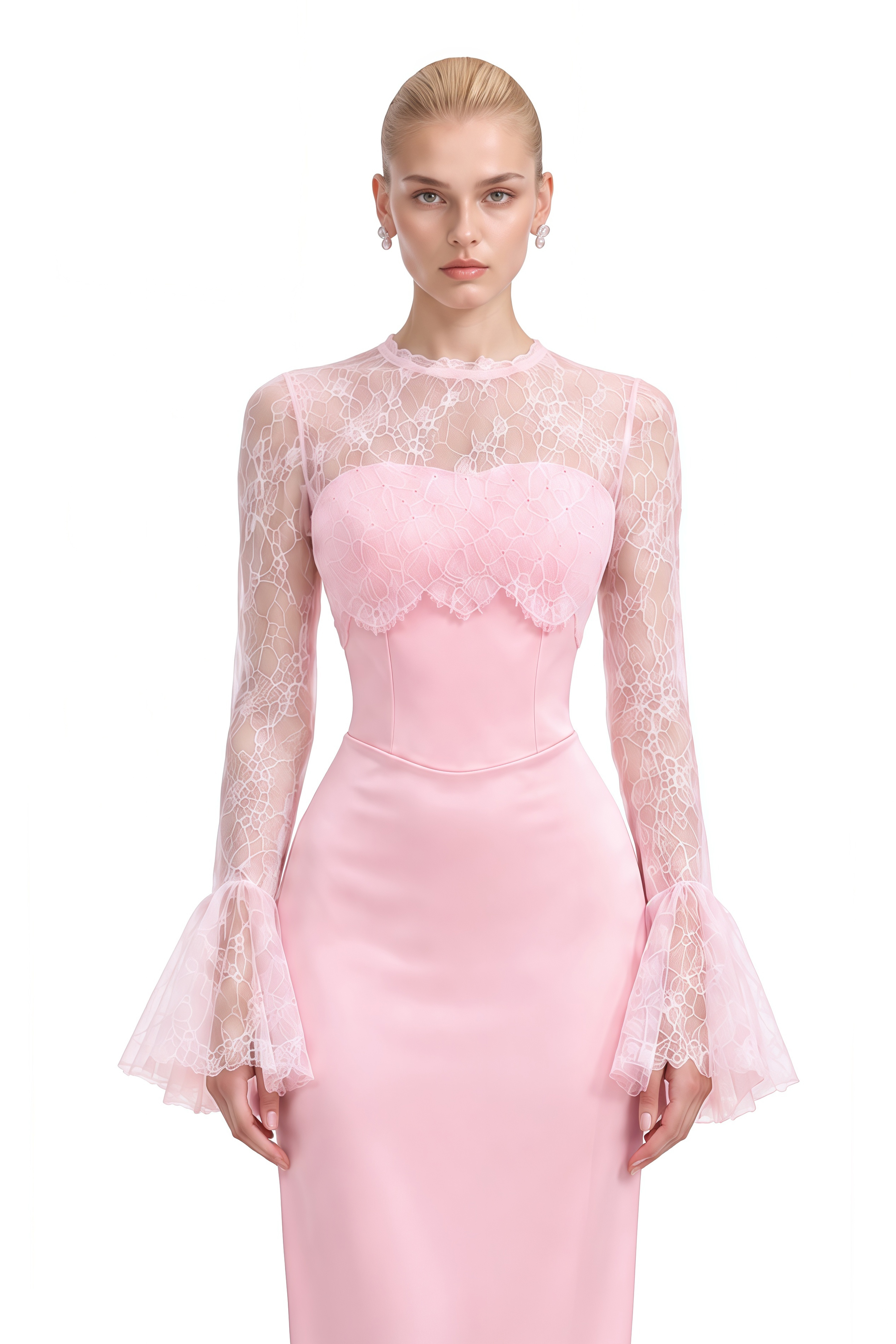 Bronte Pink Long Sleeves Lace Maxi Dress