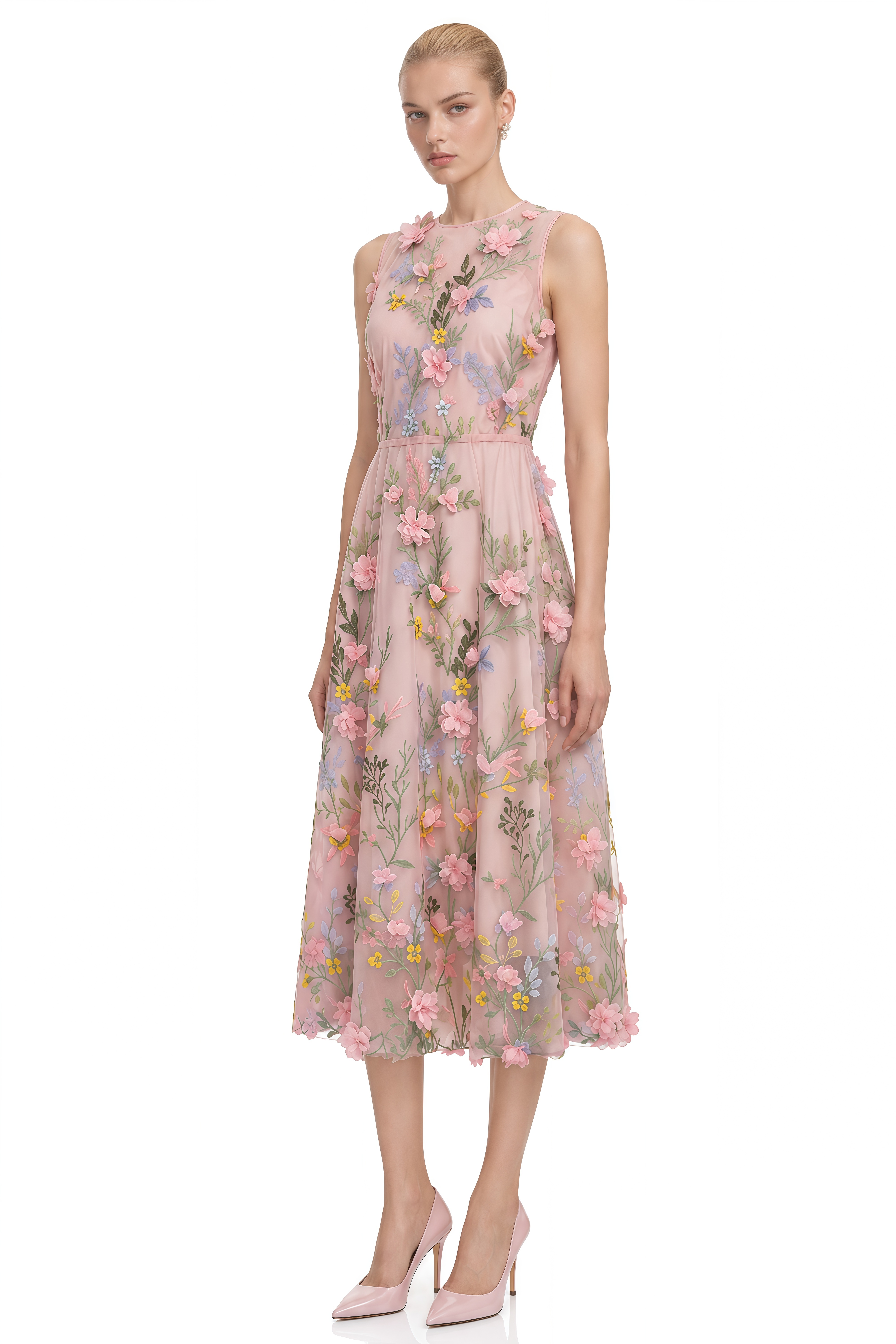 Miranda Pink Round Neck Floral Print Midi Dress