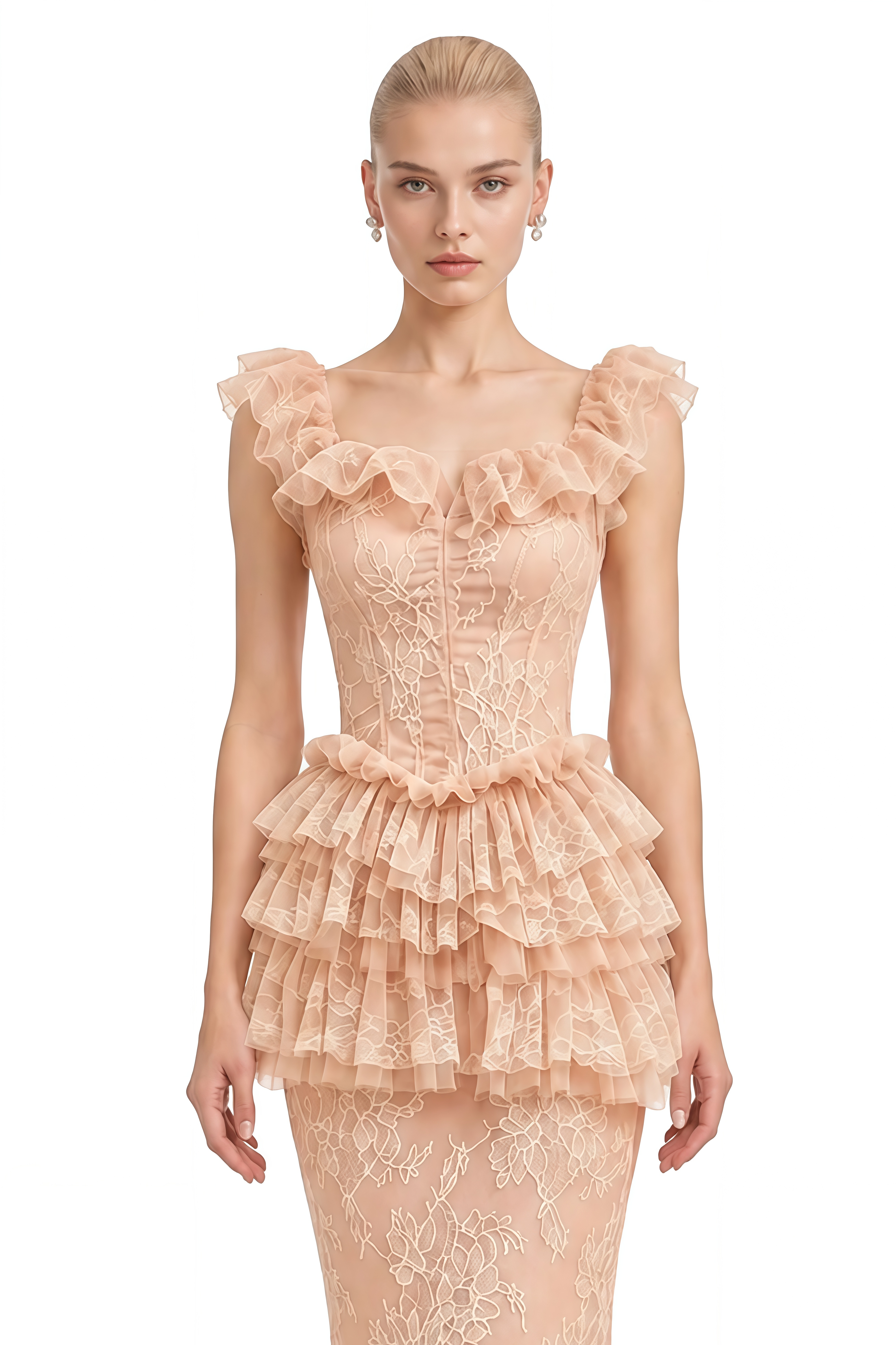 Coralie Neutral Ruffled Lace Top & Skirt Set