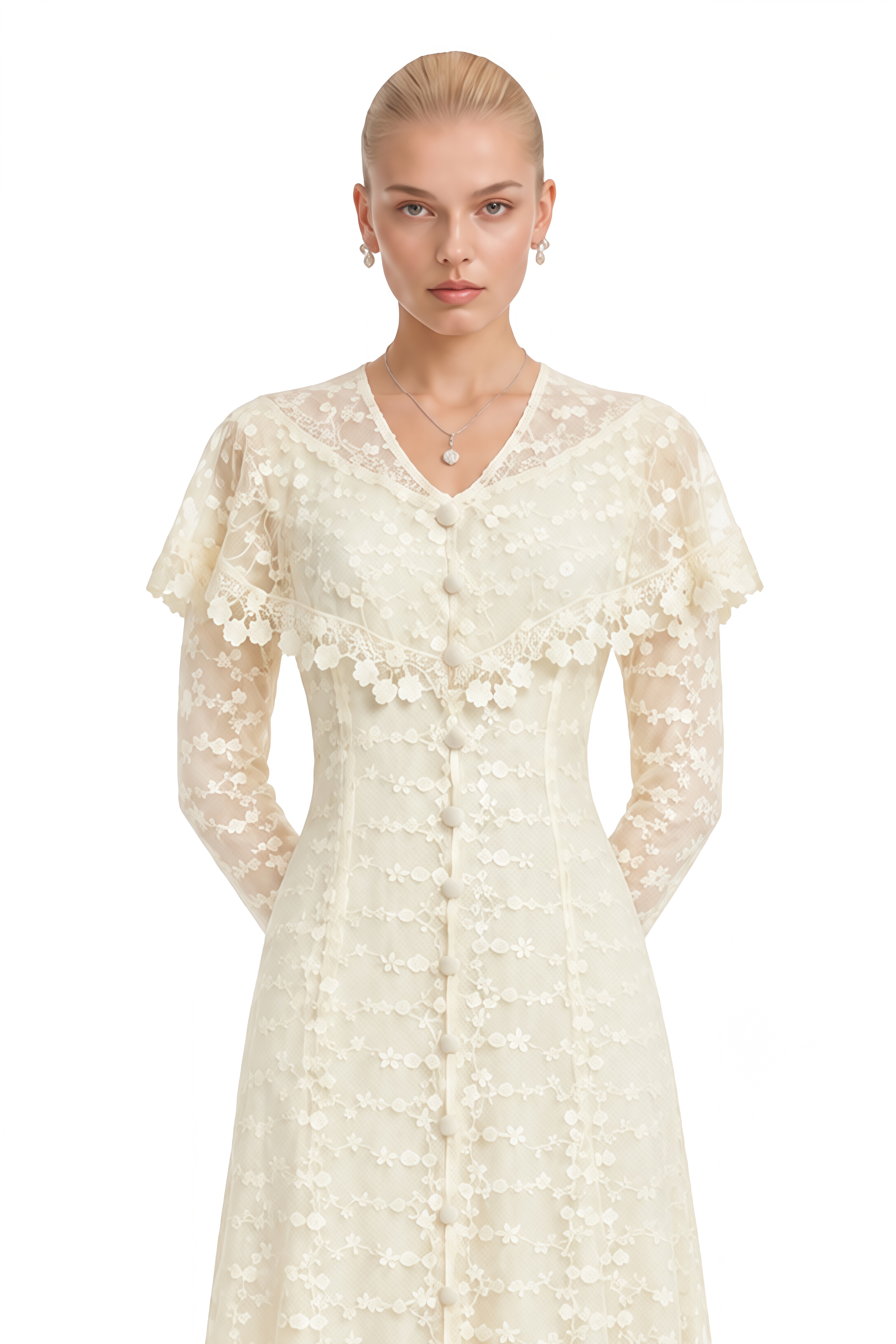 Stella Neutral Cape Design Lace Maxi Dress