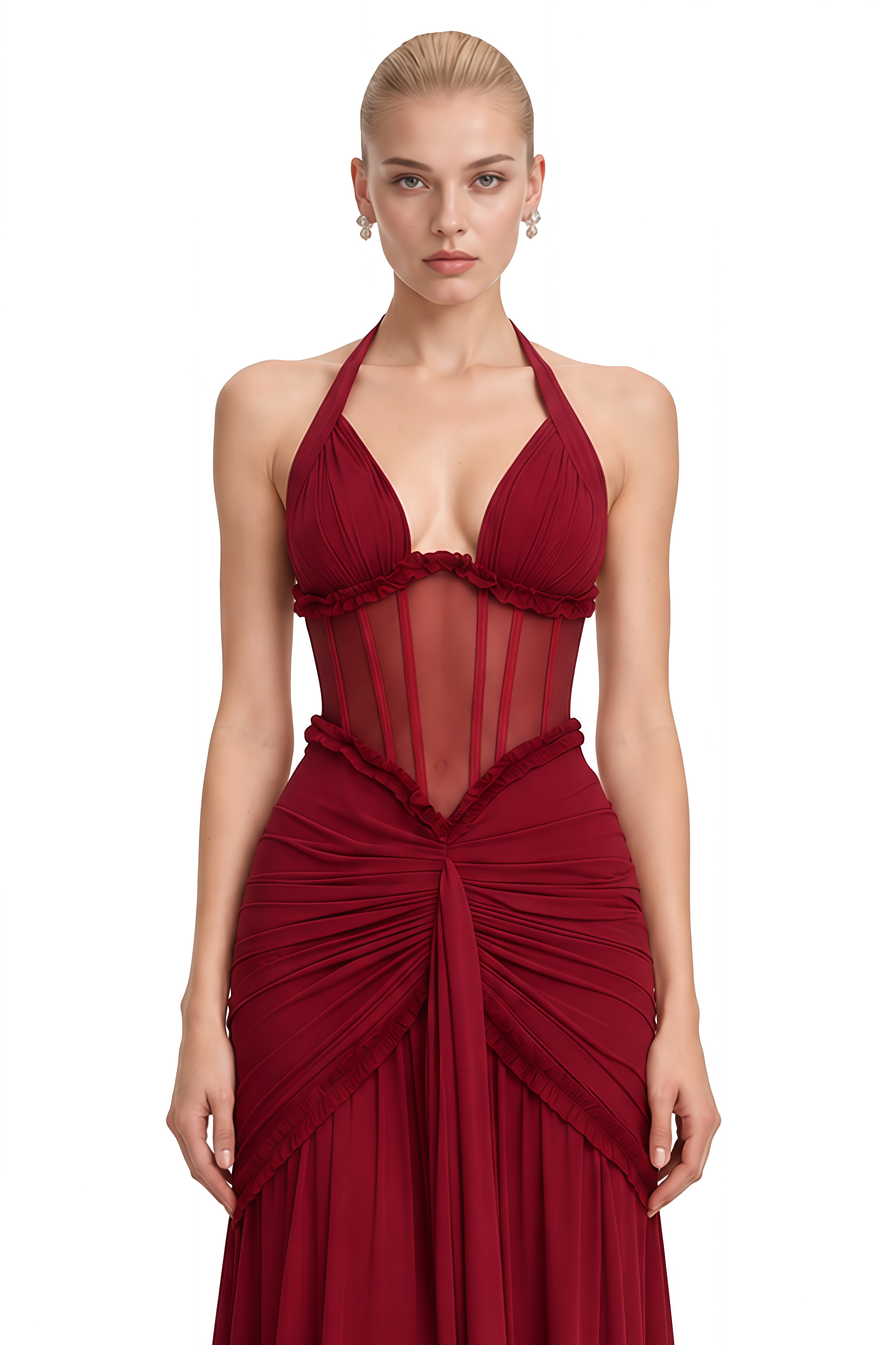 Elizabeth Burgundy Halterneck Ruched Maxi Dress