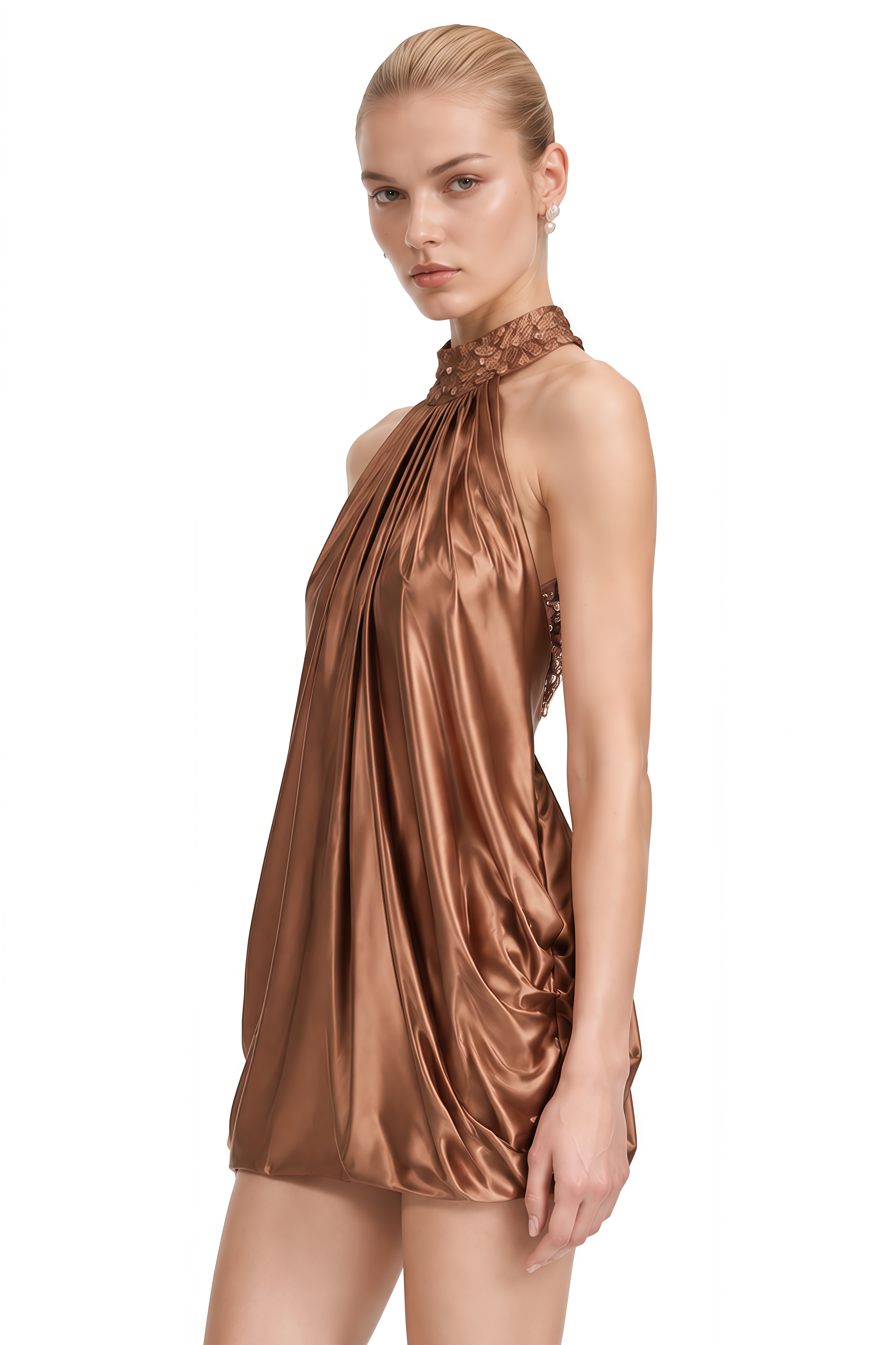 Rosalind Brown Halterneck Embellished Mini Dress