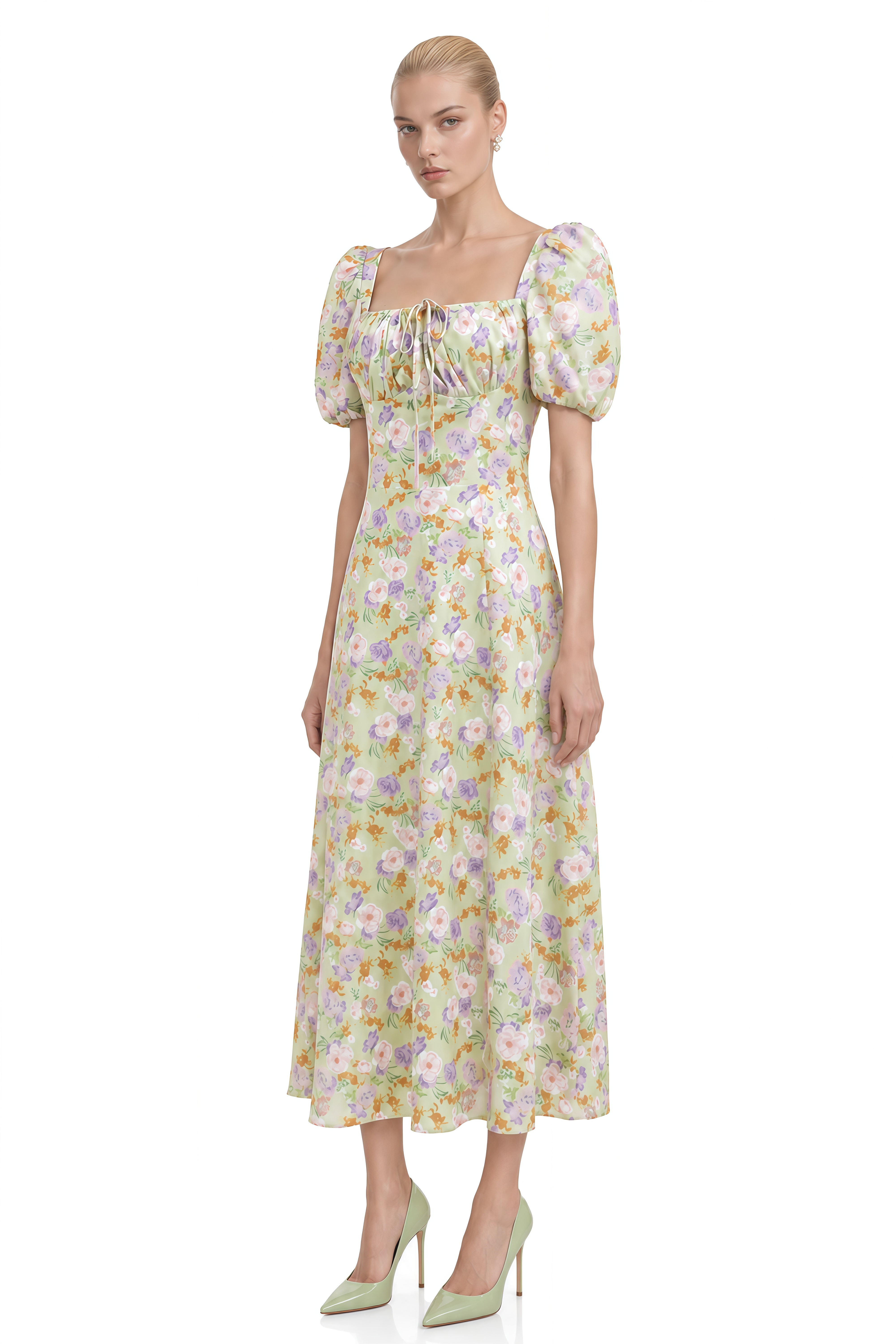Amara Green Floral Print A-Line Midi Dress