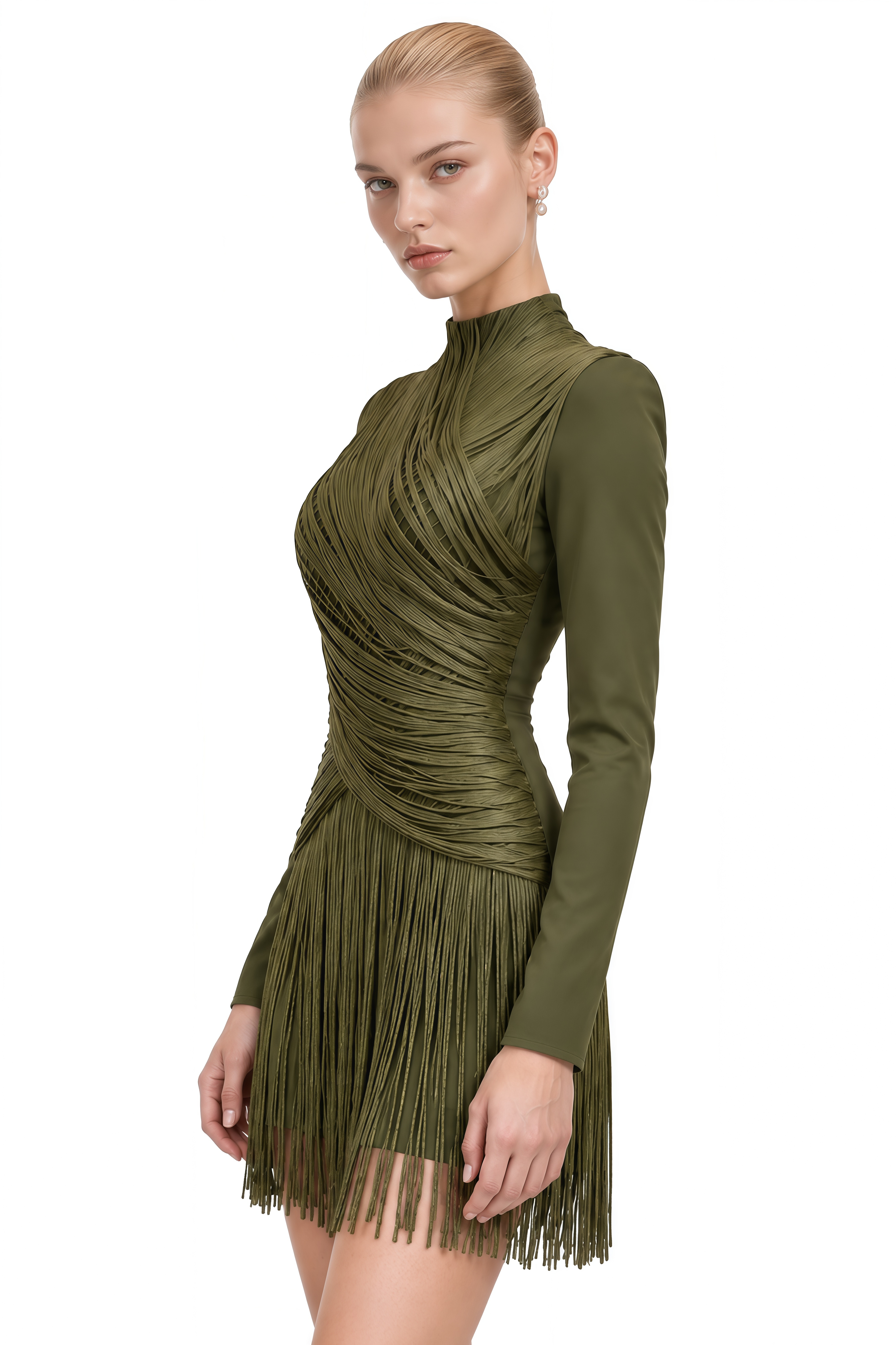 Coralie Olive Green Long Sleeves Fringe Mini Dress