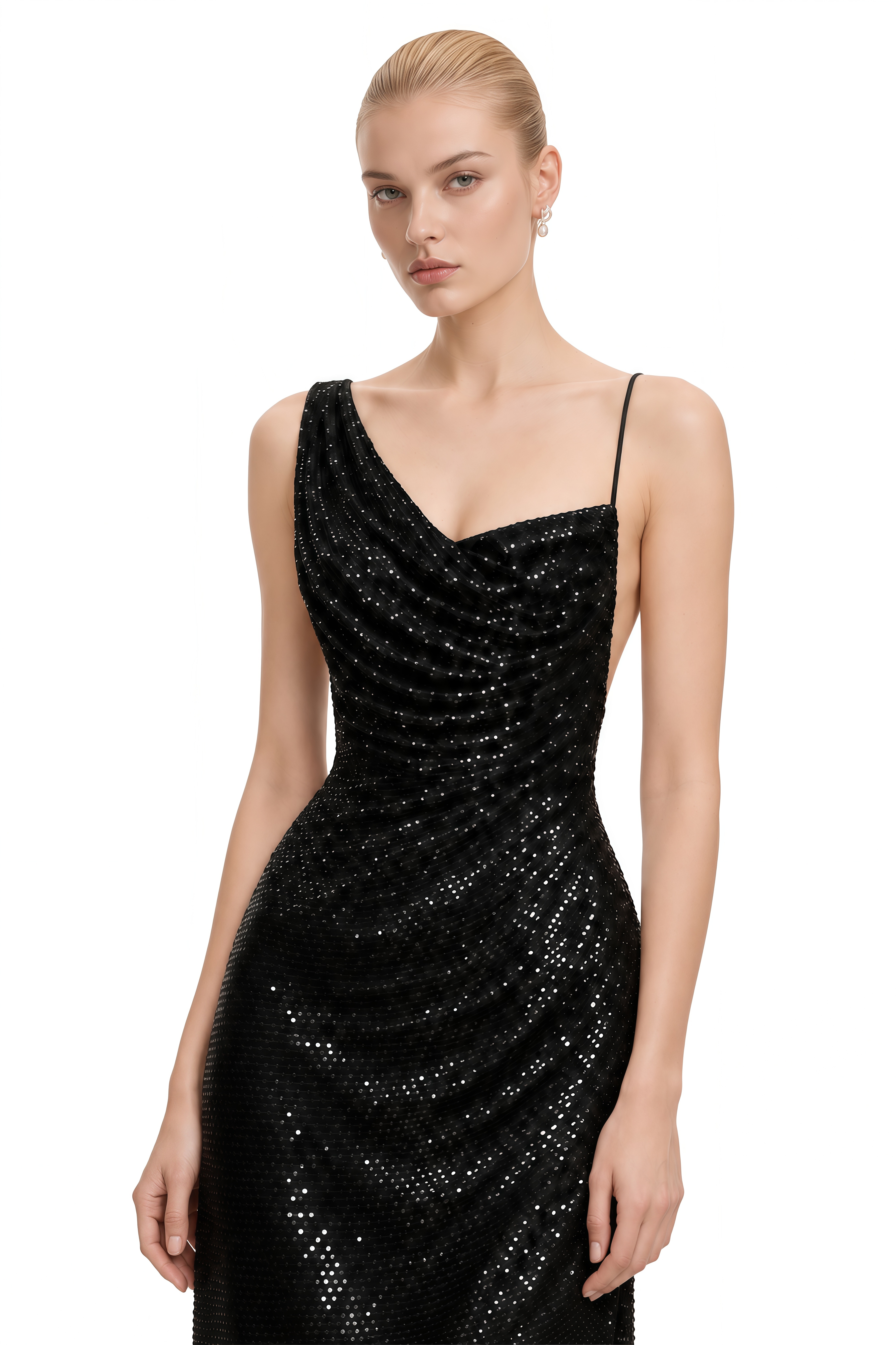 Flora Black Asymmetrical Sequined Maxi Dress