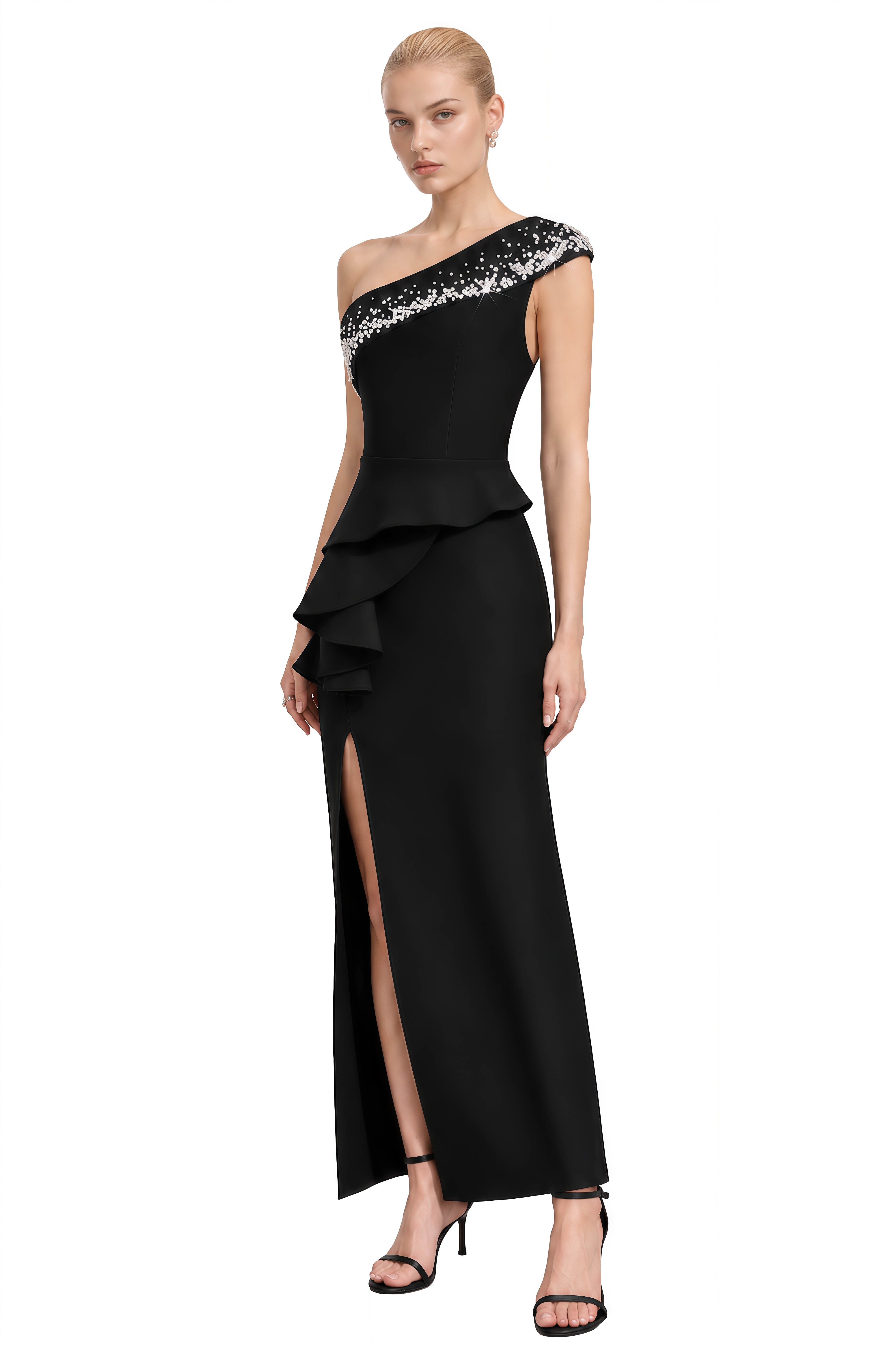 Lily Black One-Shoulder Embellished Maxi Dress