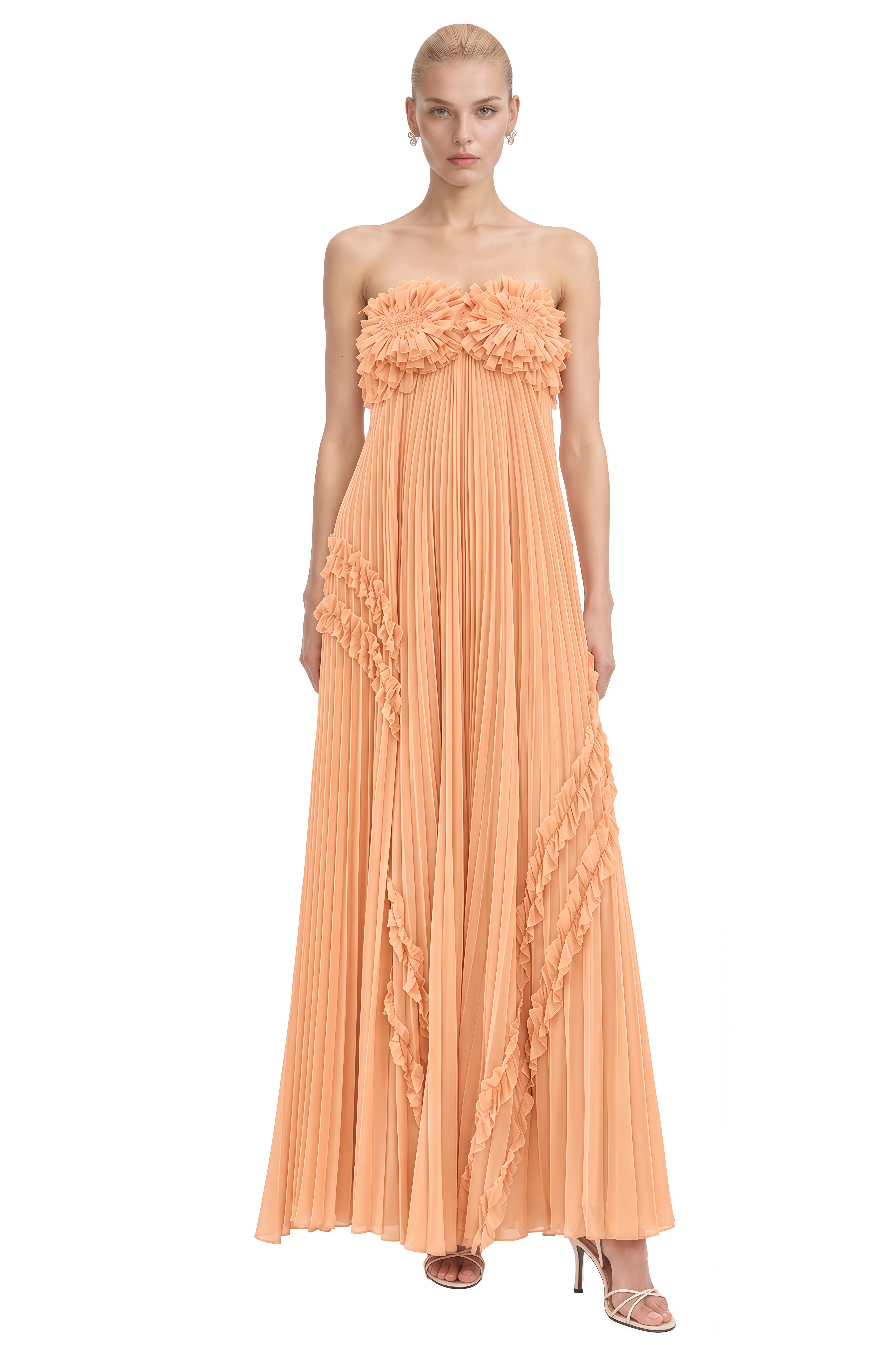 Lucy Orange Strapless Ruffled Maxi Dress