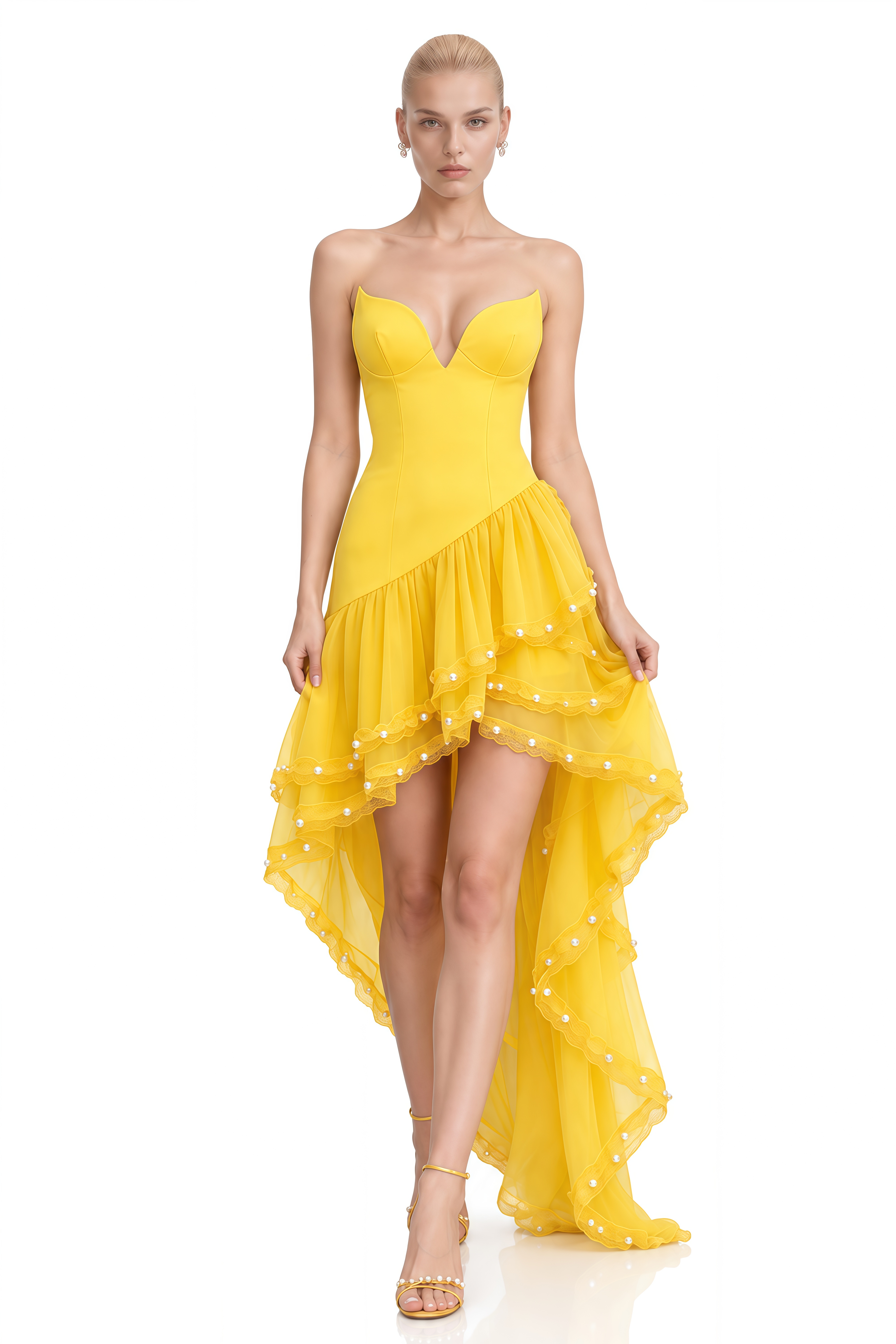 Celeste Yellow Strapless Asymmetrical Maxi Dress