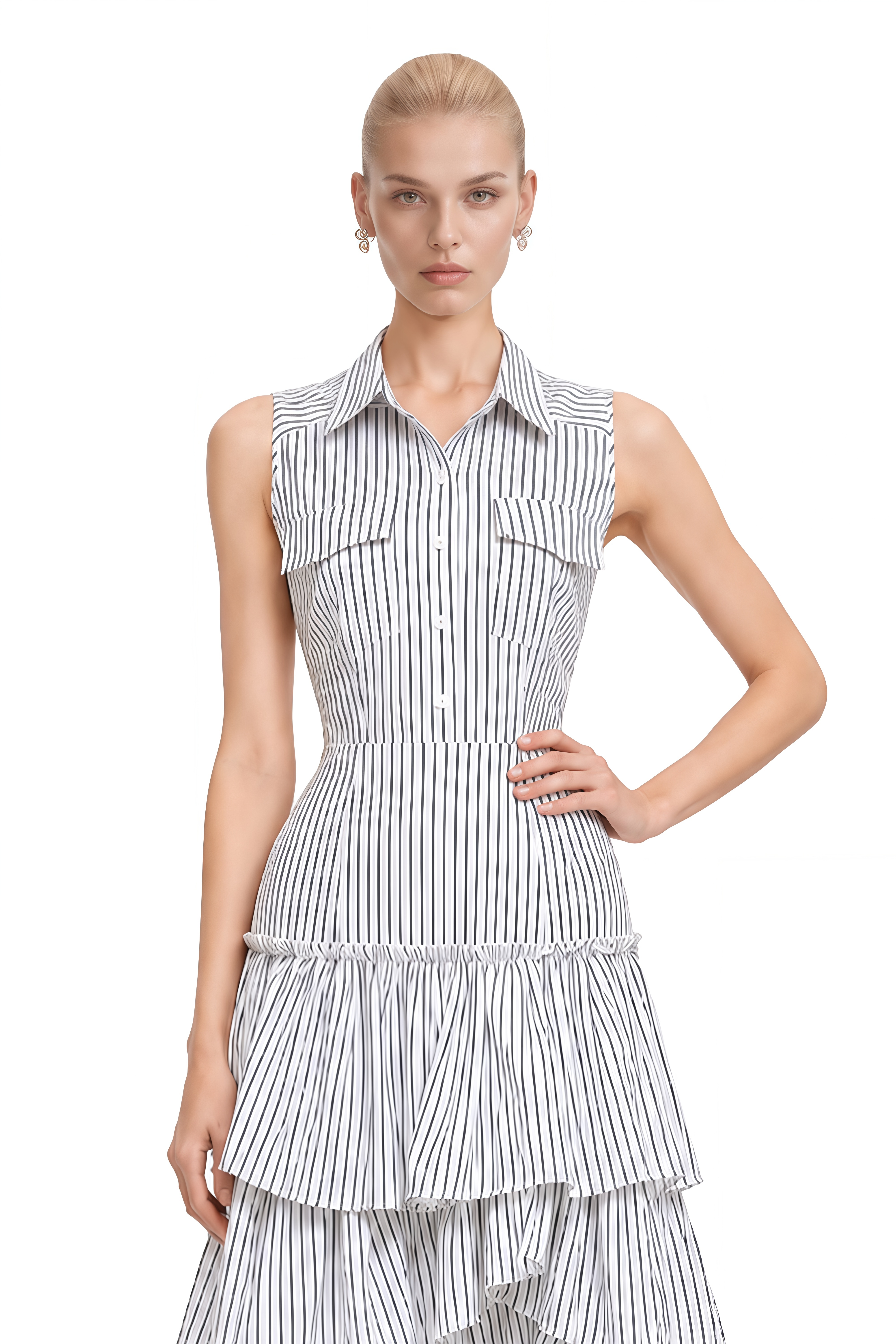 Nina White Sleeveless Striped Shirt & Skirt Set