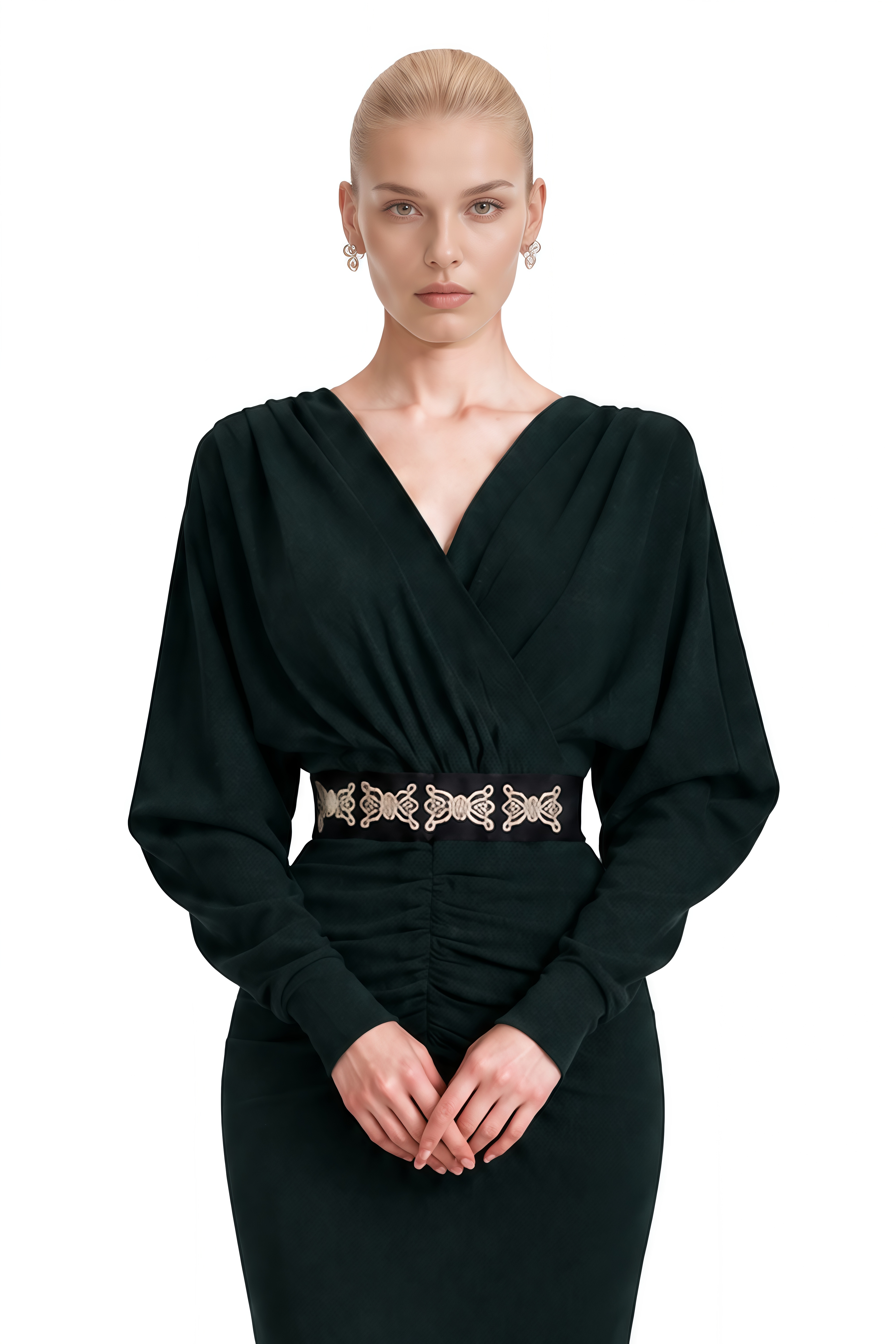 Genevieve Dark Green Long Sleeves Ruched Maxi Dress