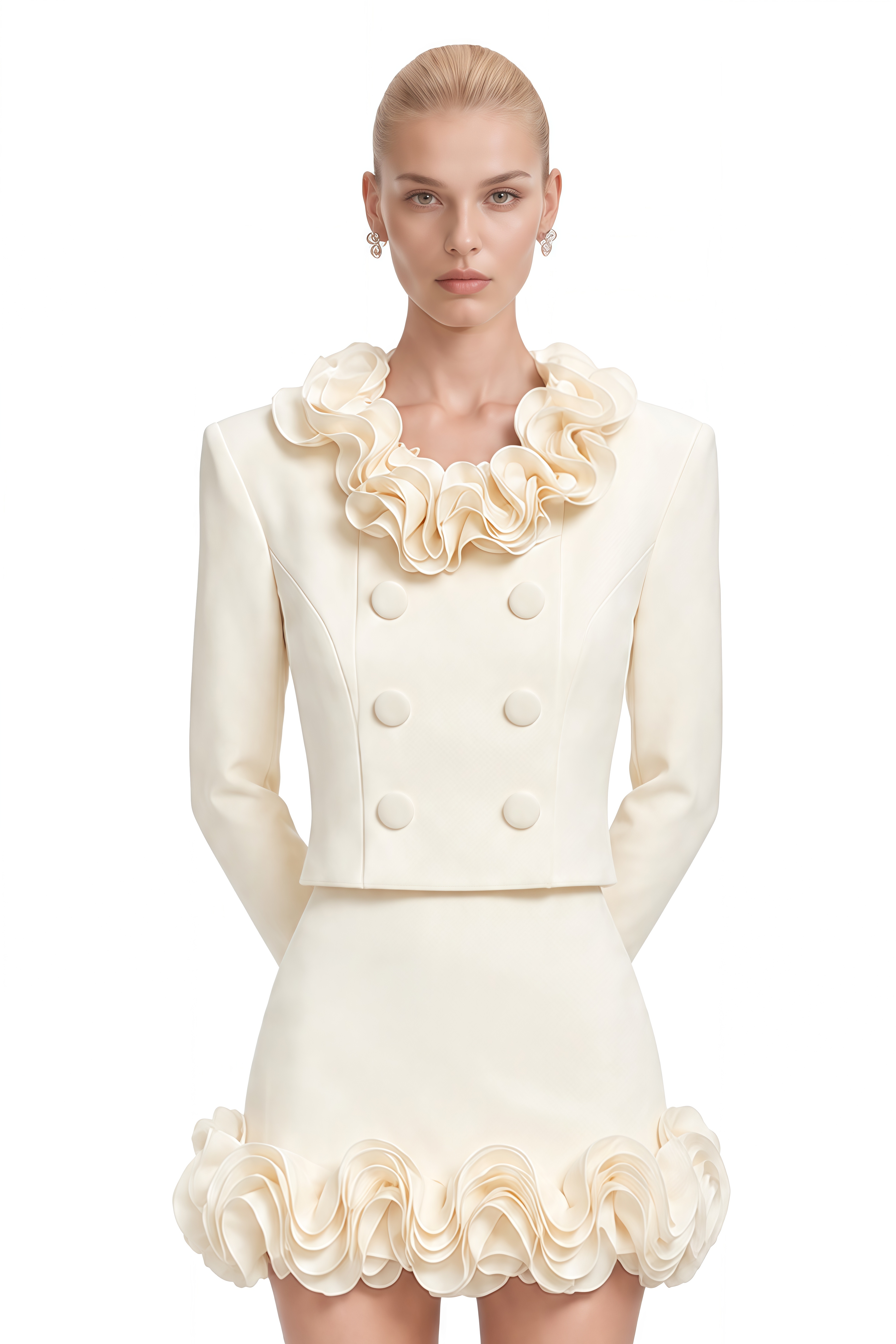 Sebastian Ivory Layered Ruffled Structured Jacket & Skirt Set
