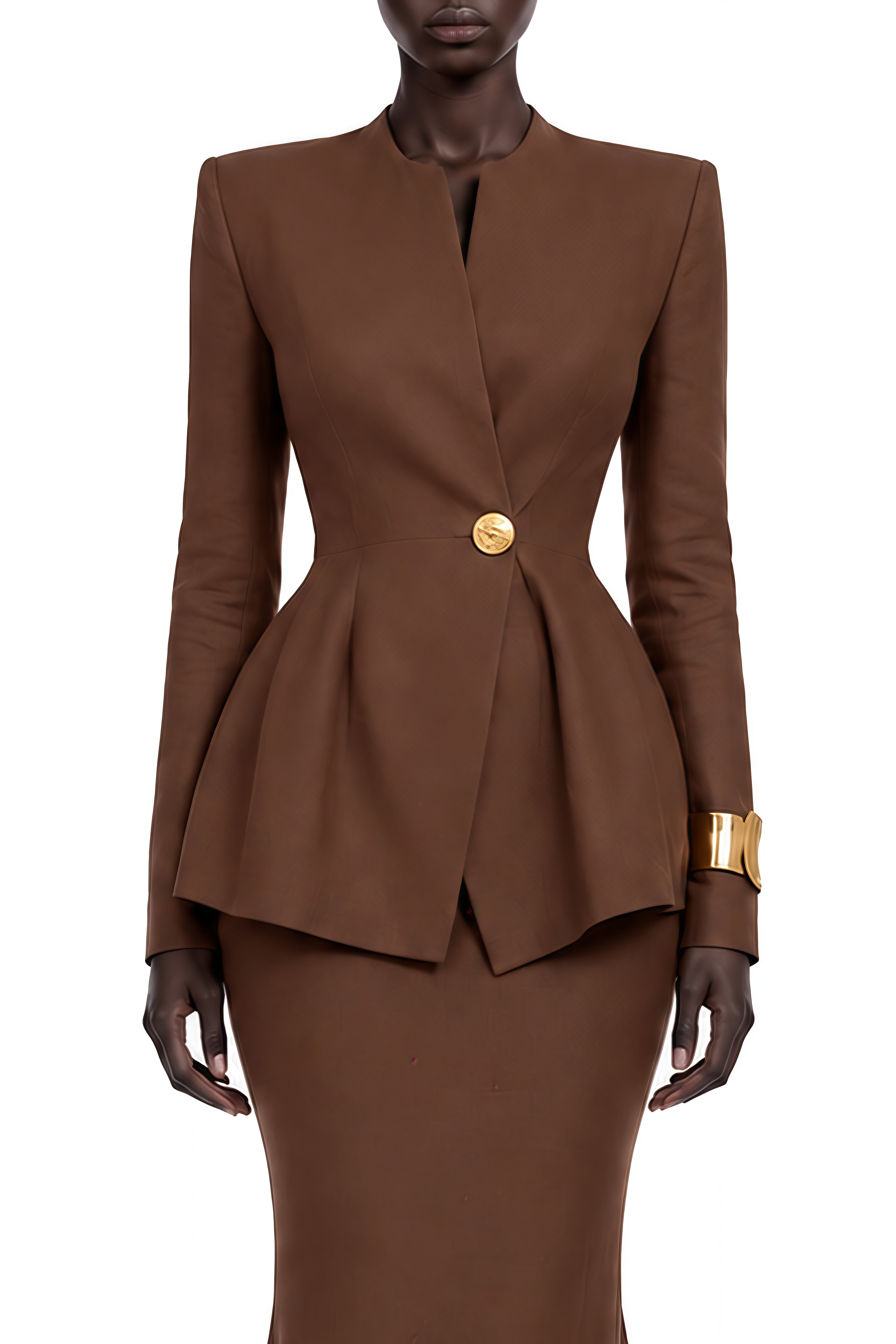 Austen Brown Long Sleeves Pleated Coat & Skirt Set