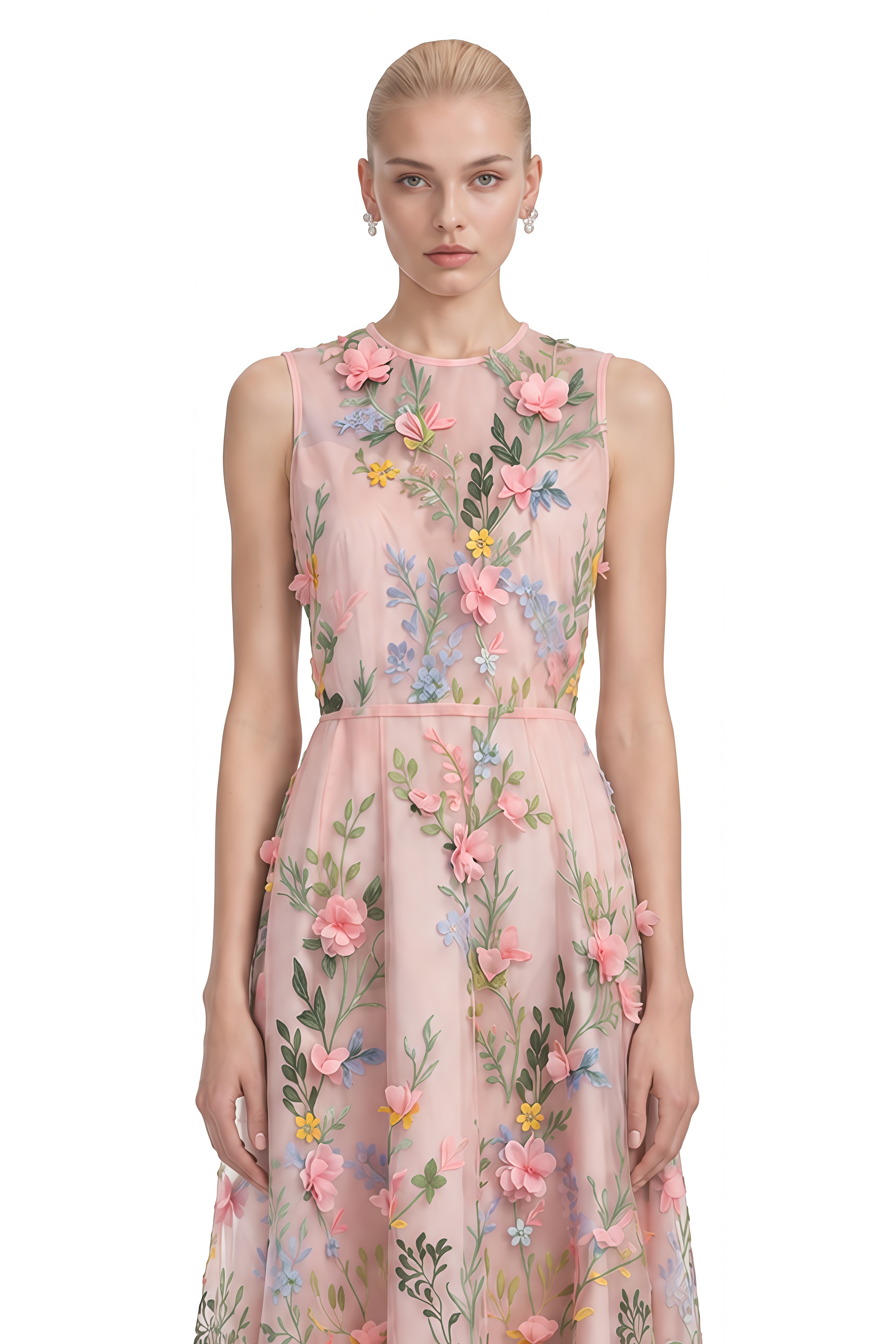 Miranda Pink Round Neck Floral Print Midi Dress