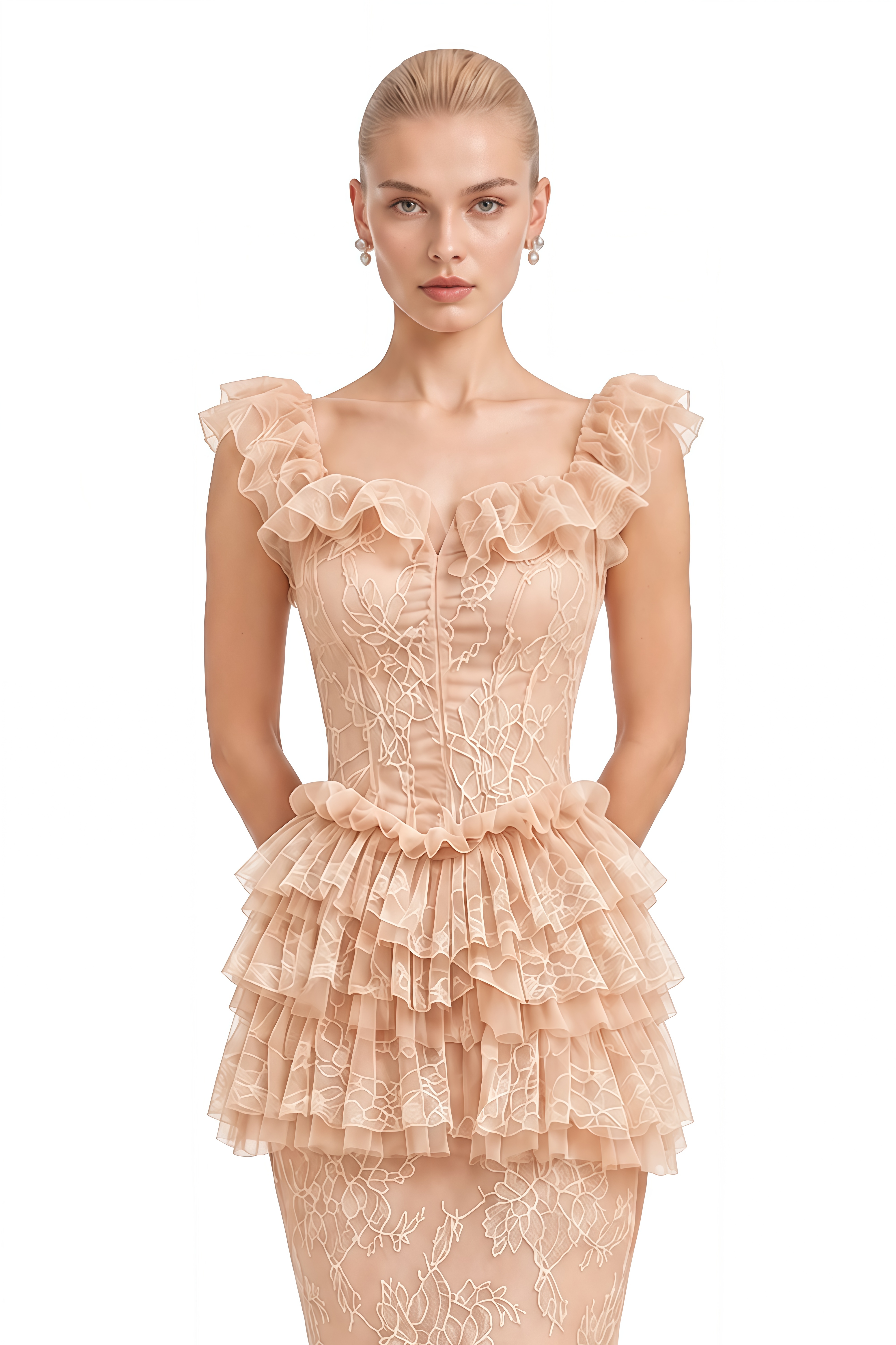 Coralie Neutral Ruffled Lace Top & Skirt Set