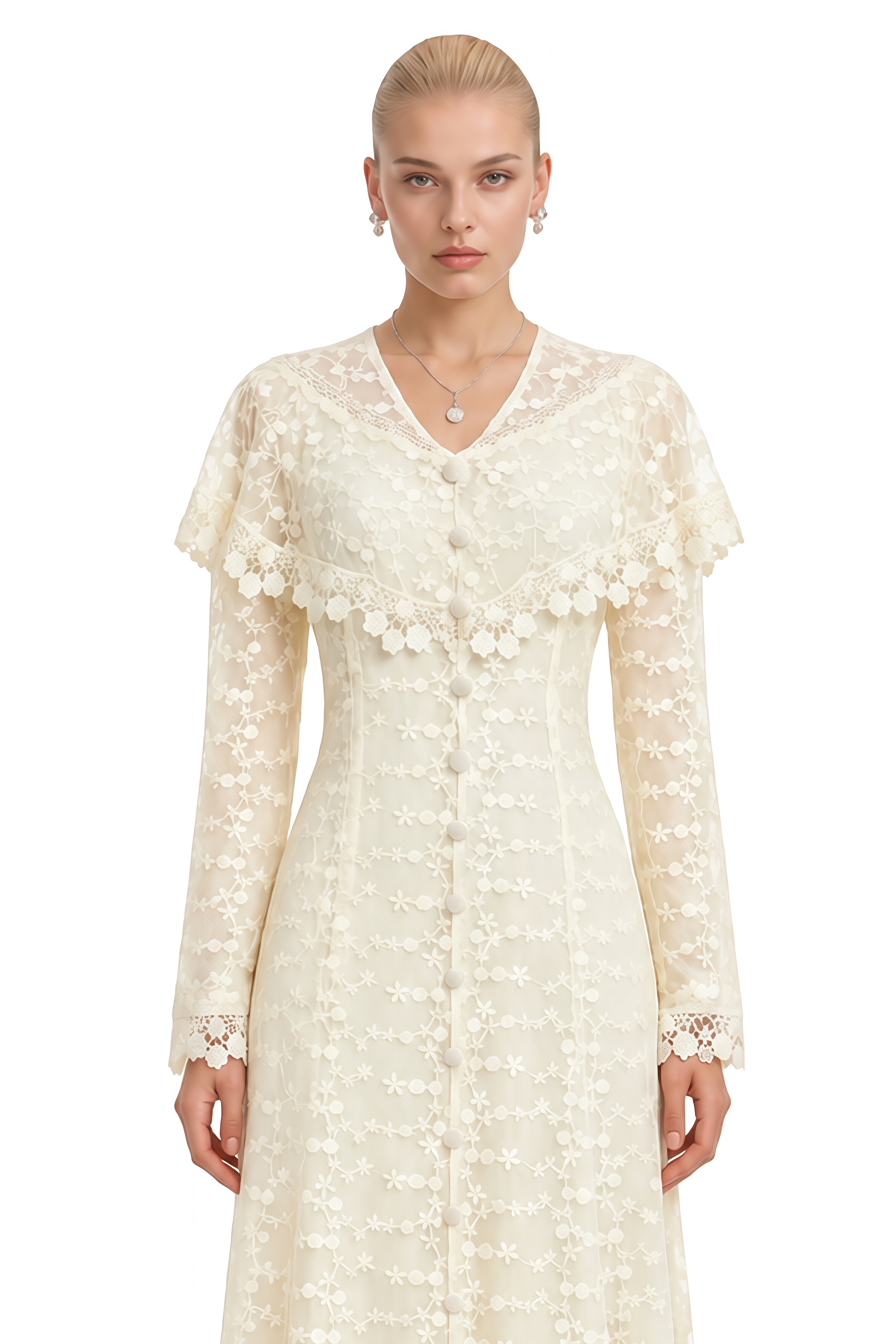 Stella Neutral Cape Design Lace Maxi Dress