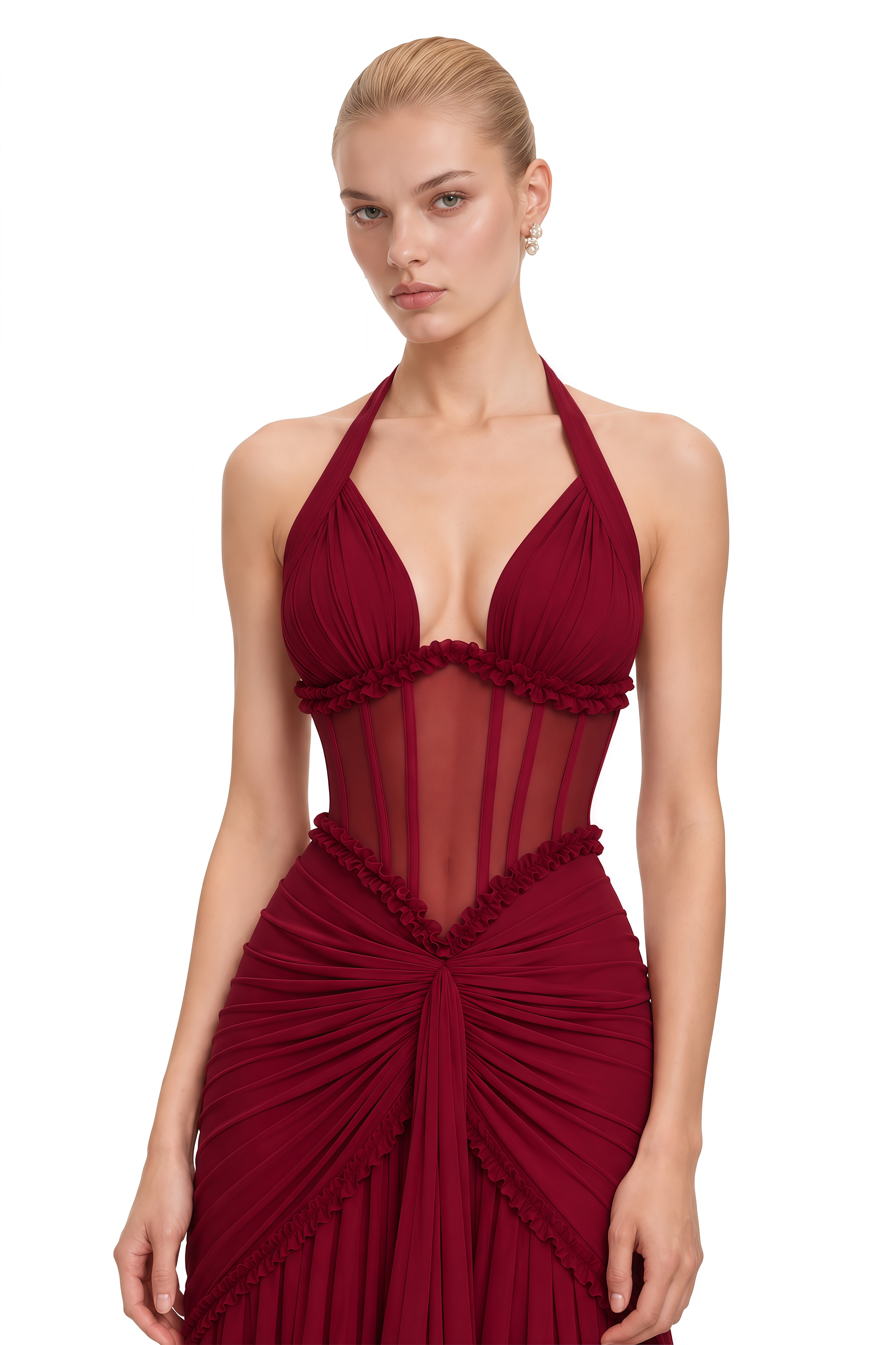 Elizabeth Burgundy Halterneck Ruched Maxi Dress