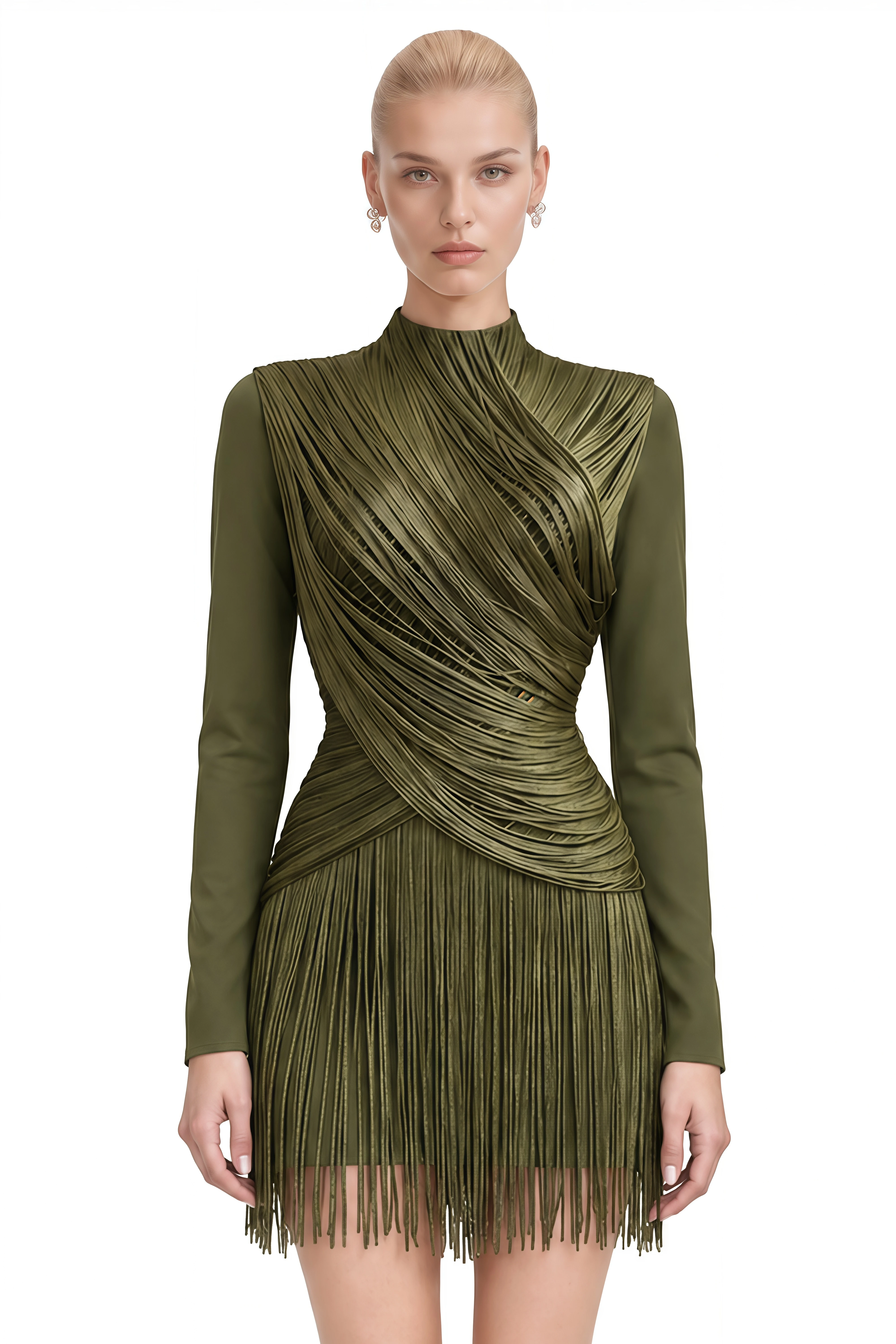 Coralie Olive Green Long Sleeves Fringe Mini Dress