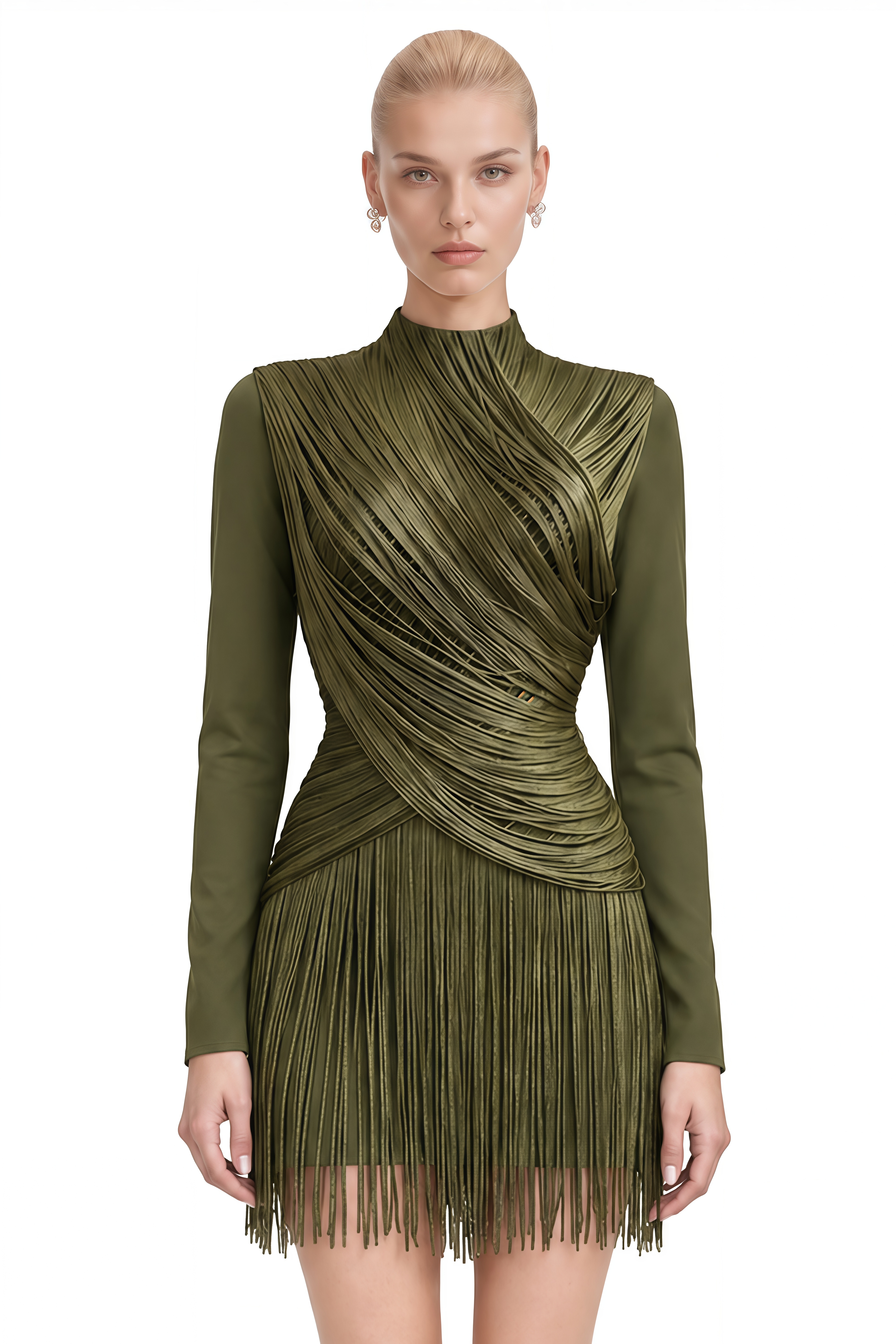 Coralie Olive Green Long Sleeves Fringe Mini Dress