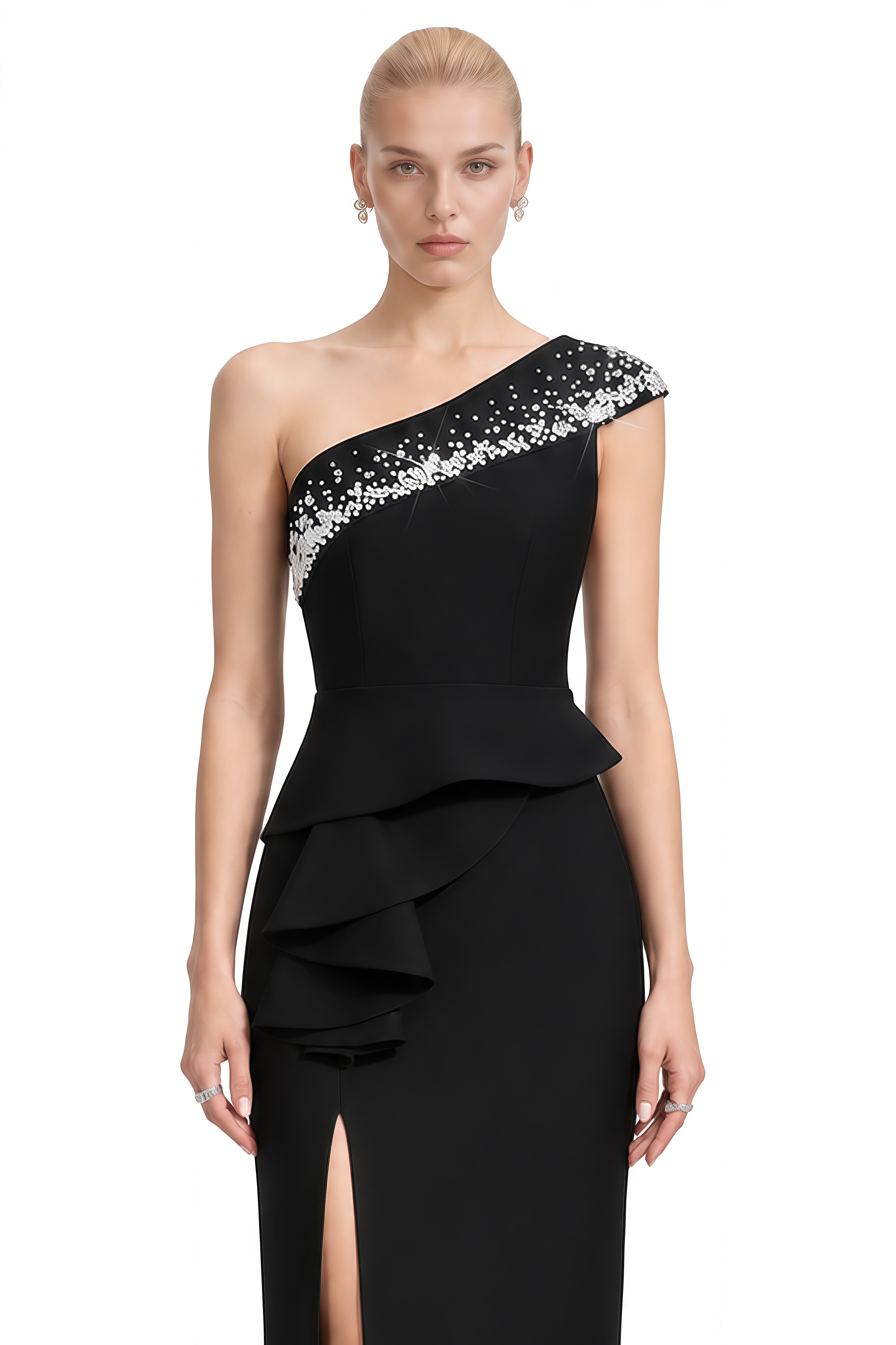 Lily Black One-Shoulder Embellished Maxi Dress