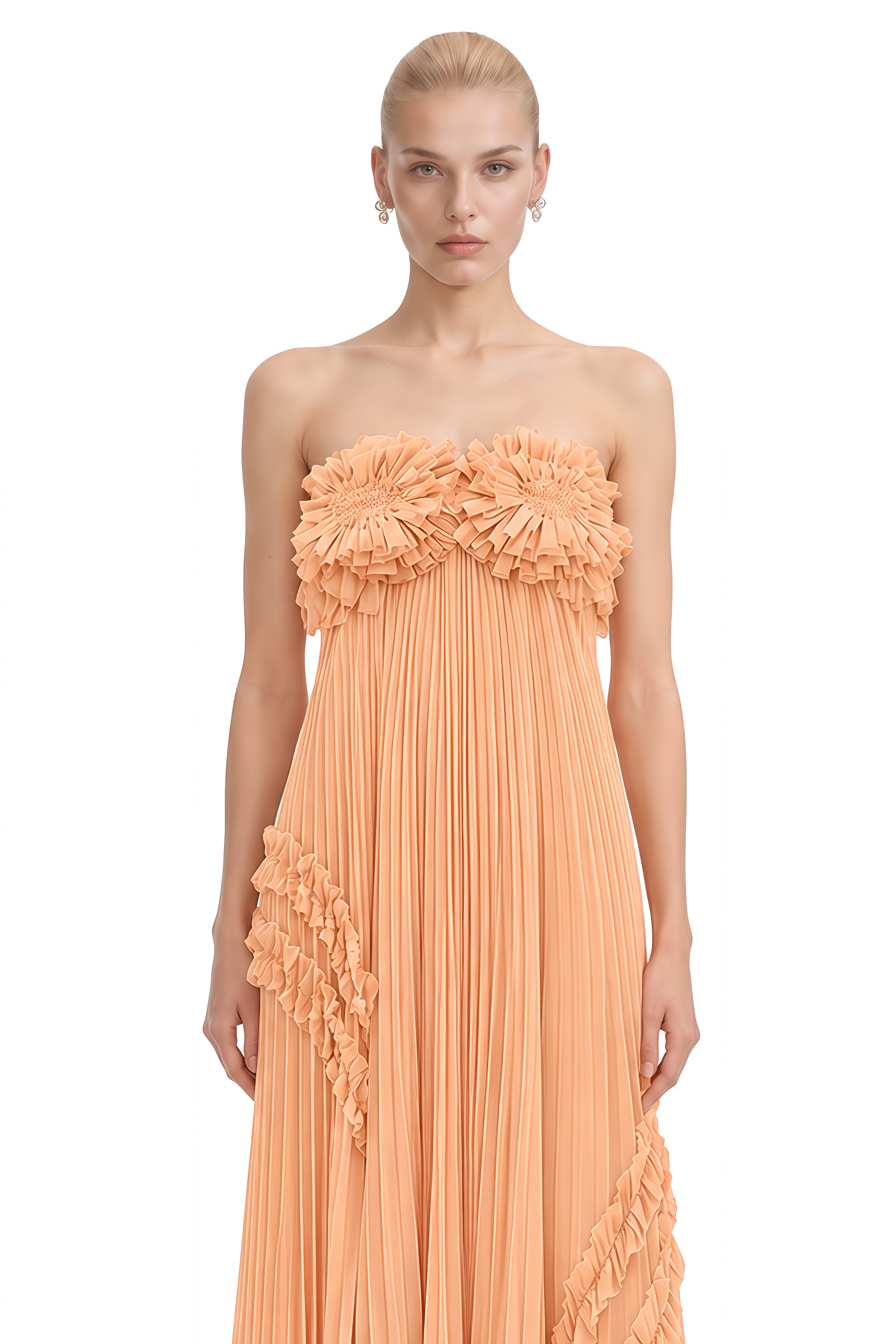 Lucy Orange Strapless Ruffled Maxi Dress