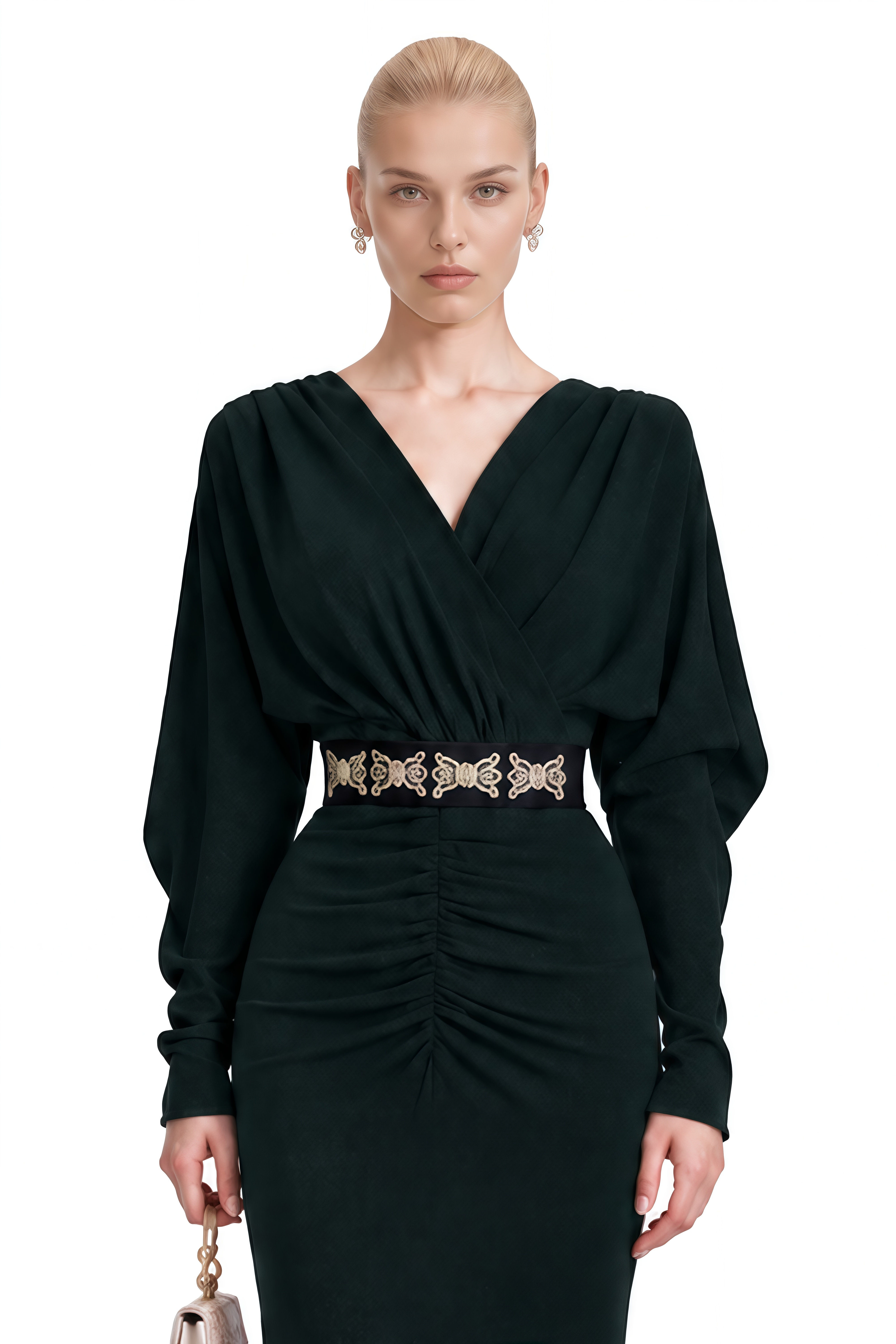 Genevieve Dark Green Long Sleeves Ruched Maxi Dress