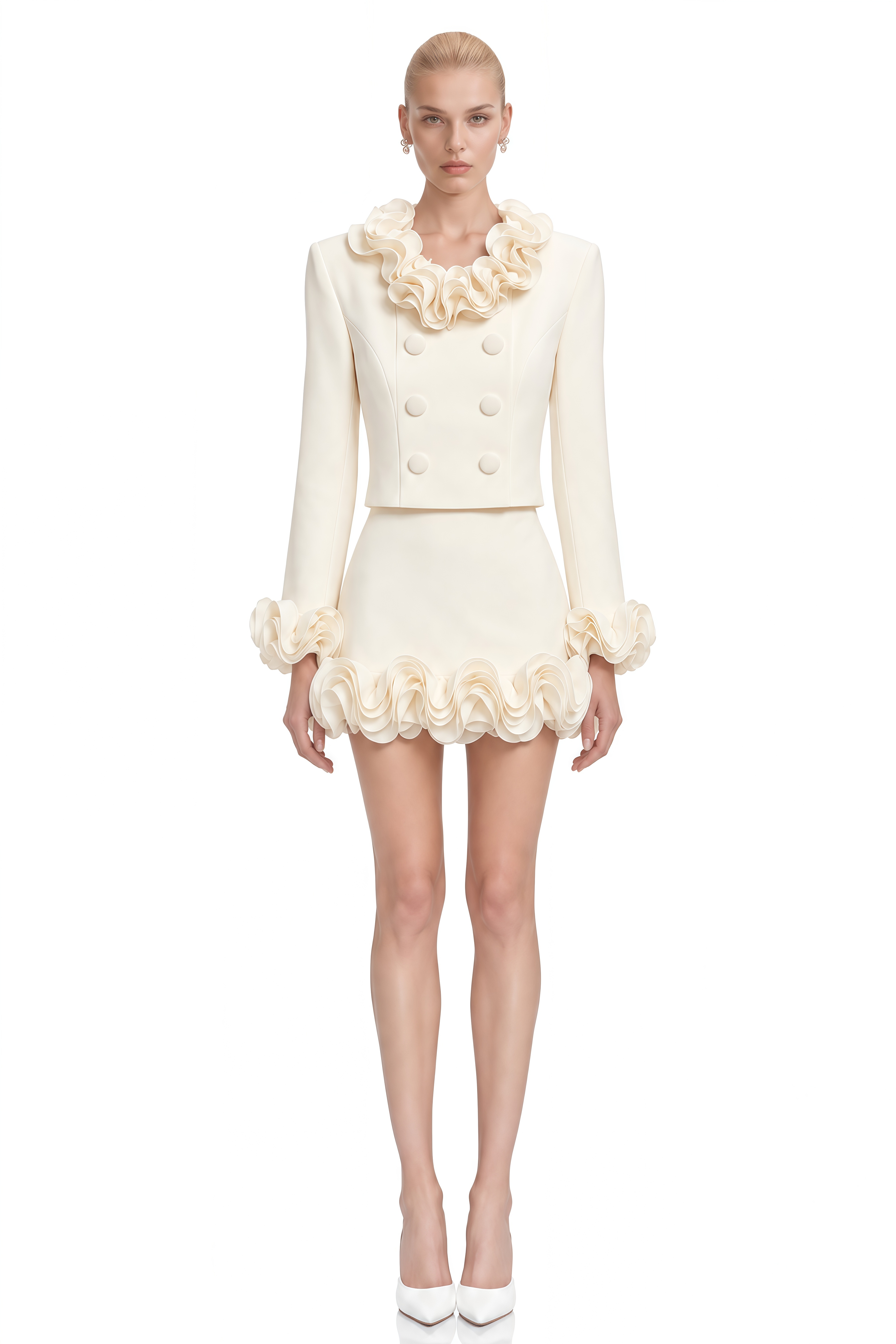 Sebastian Ivory Layered Ruffled Structured Jacket & Skirt Set