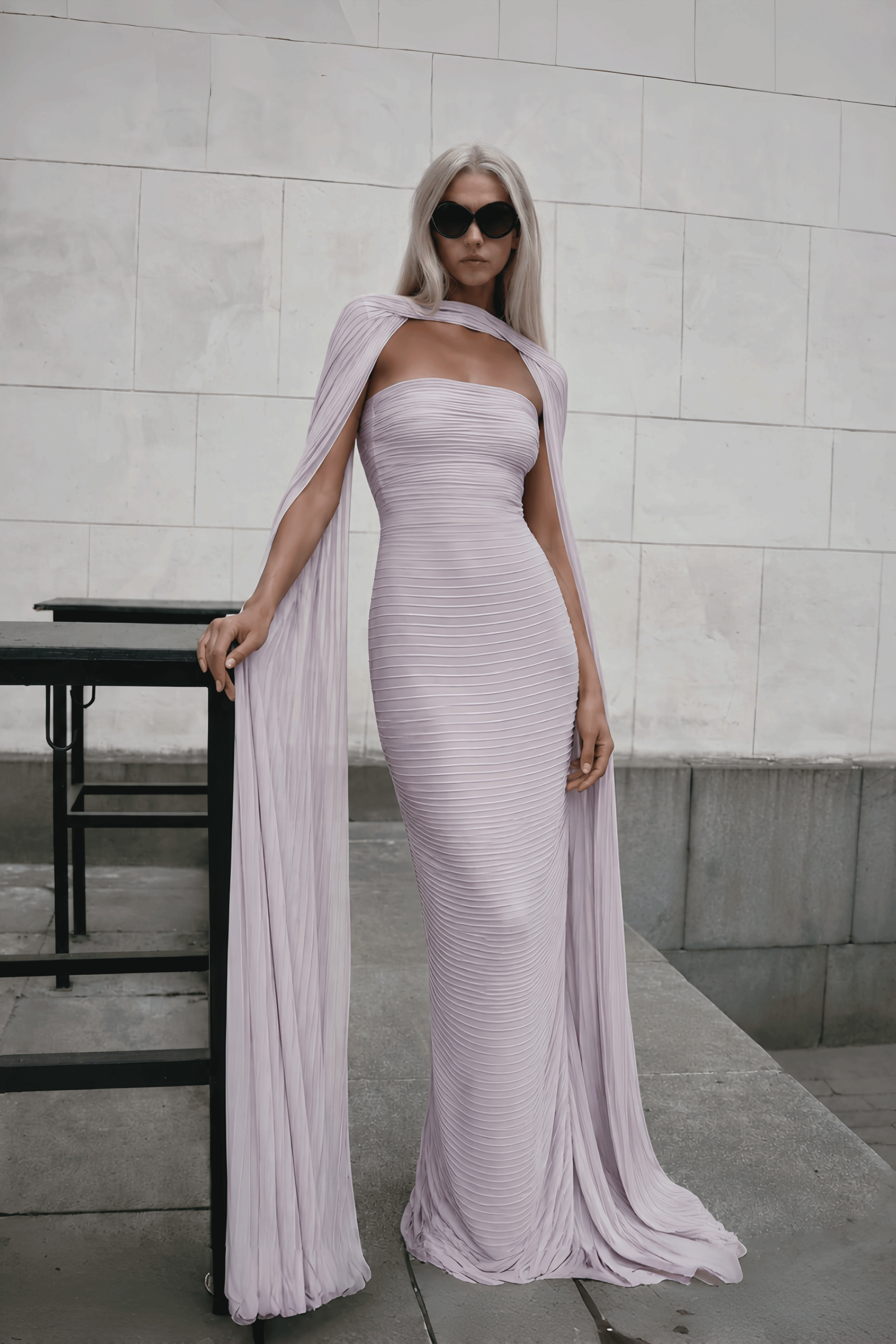 Cornelia Purple Cape Design Ruched Maxi Dress