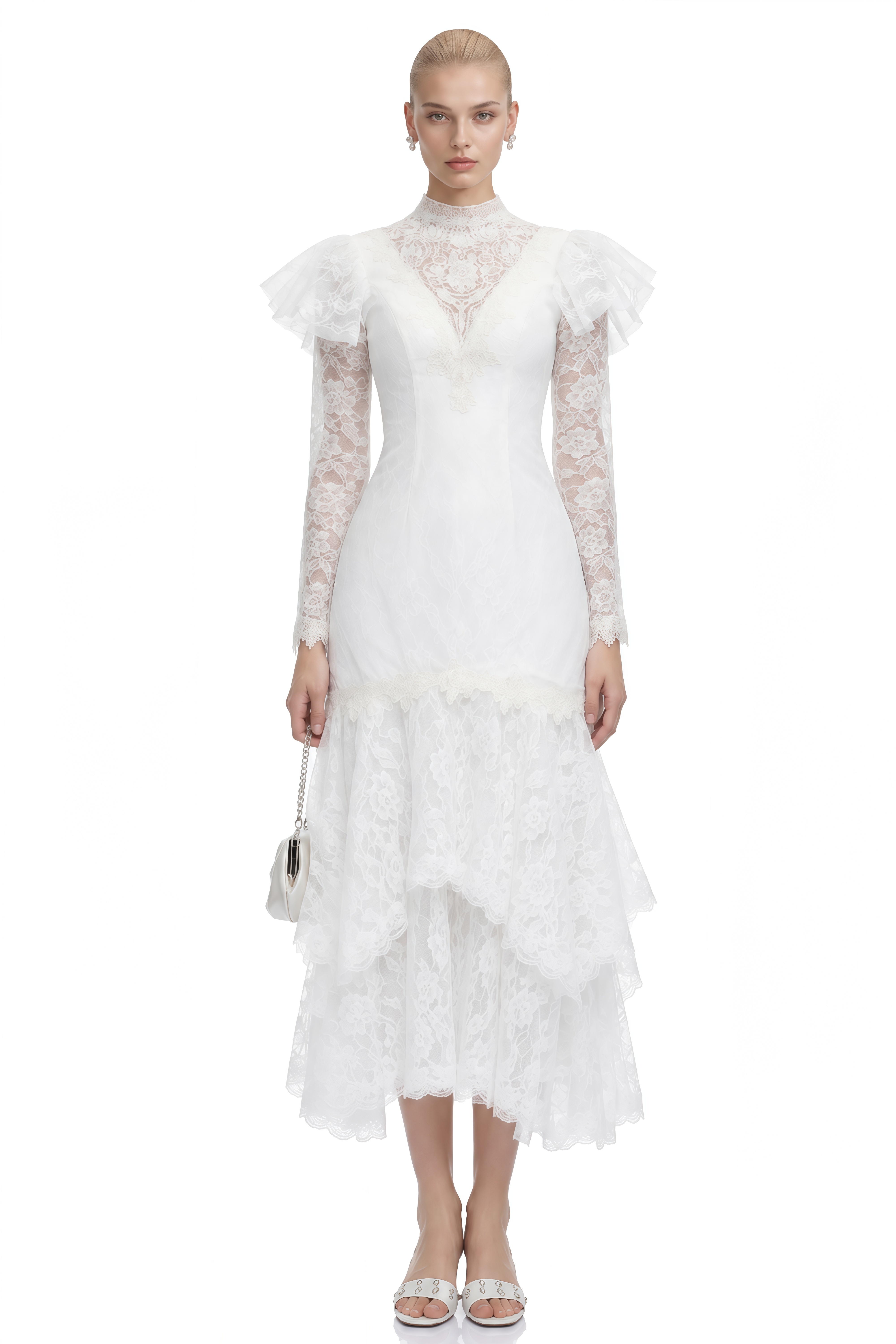 Margaux White Turtleneck Ruffled Midi Dress