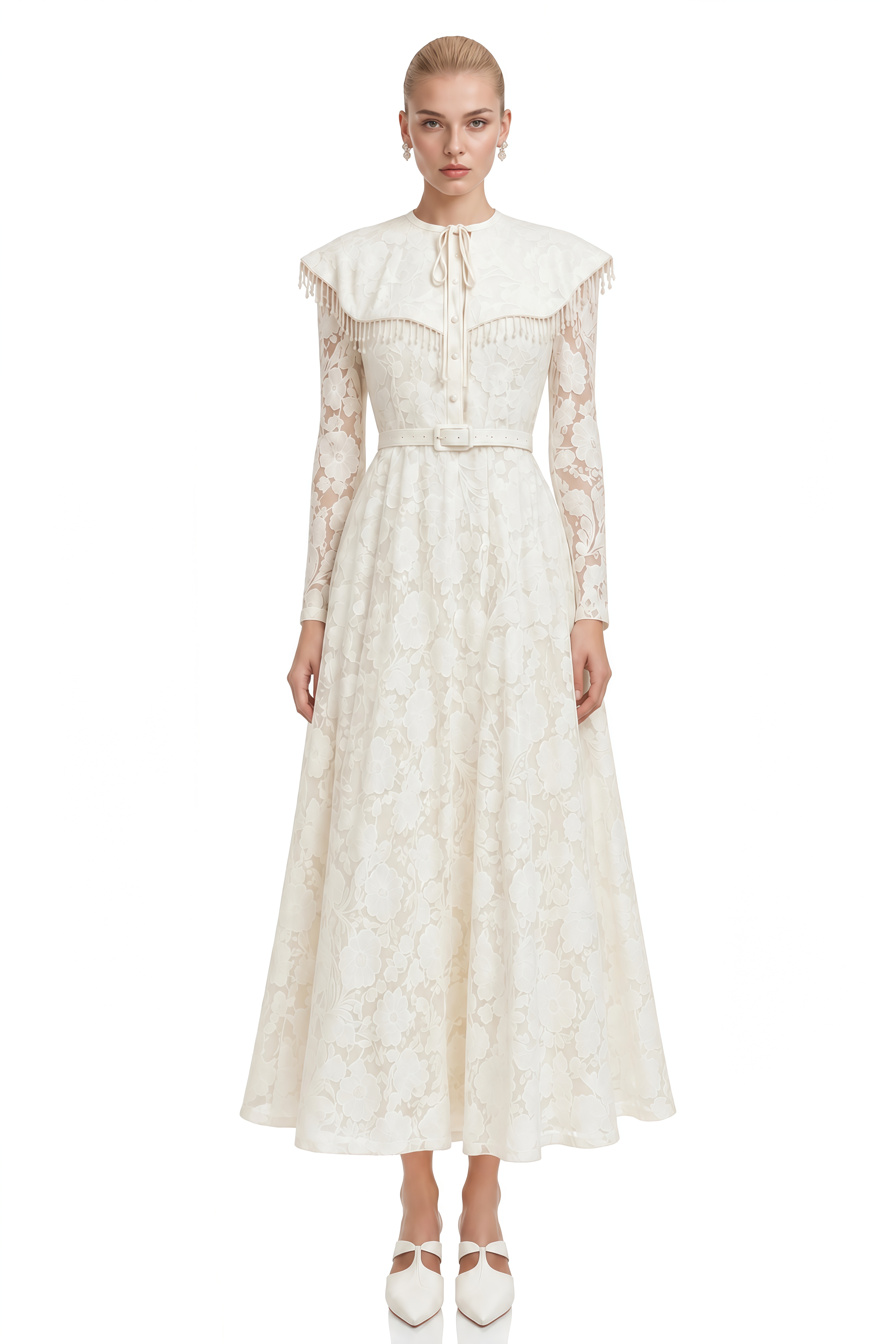 Aurora Neutral Round Neck Lace Maxi Dress