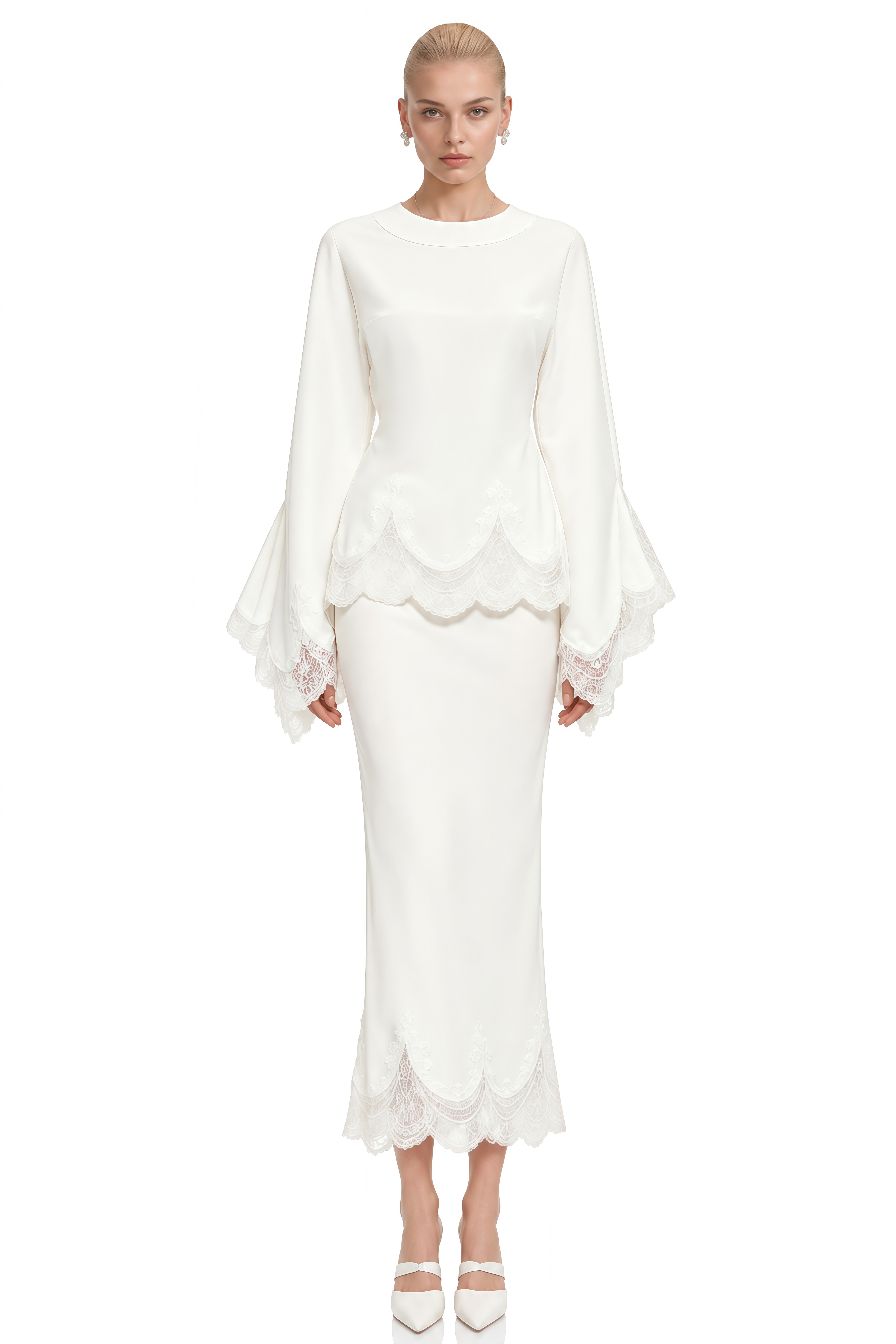 Amelia White Round Neck Lace-Hem Blouse & Skirt Set