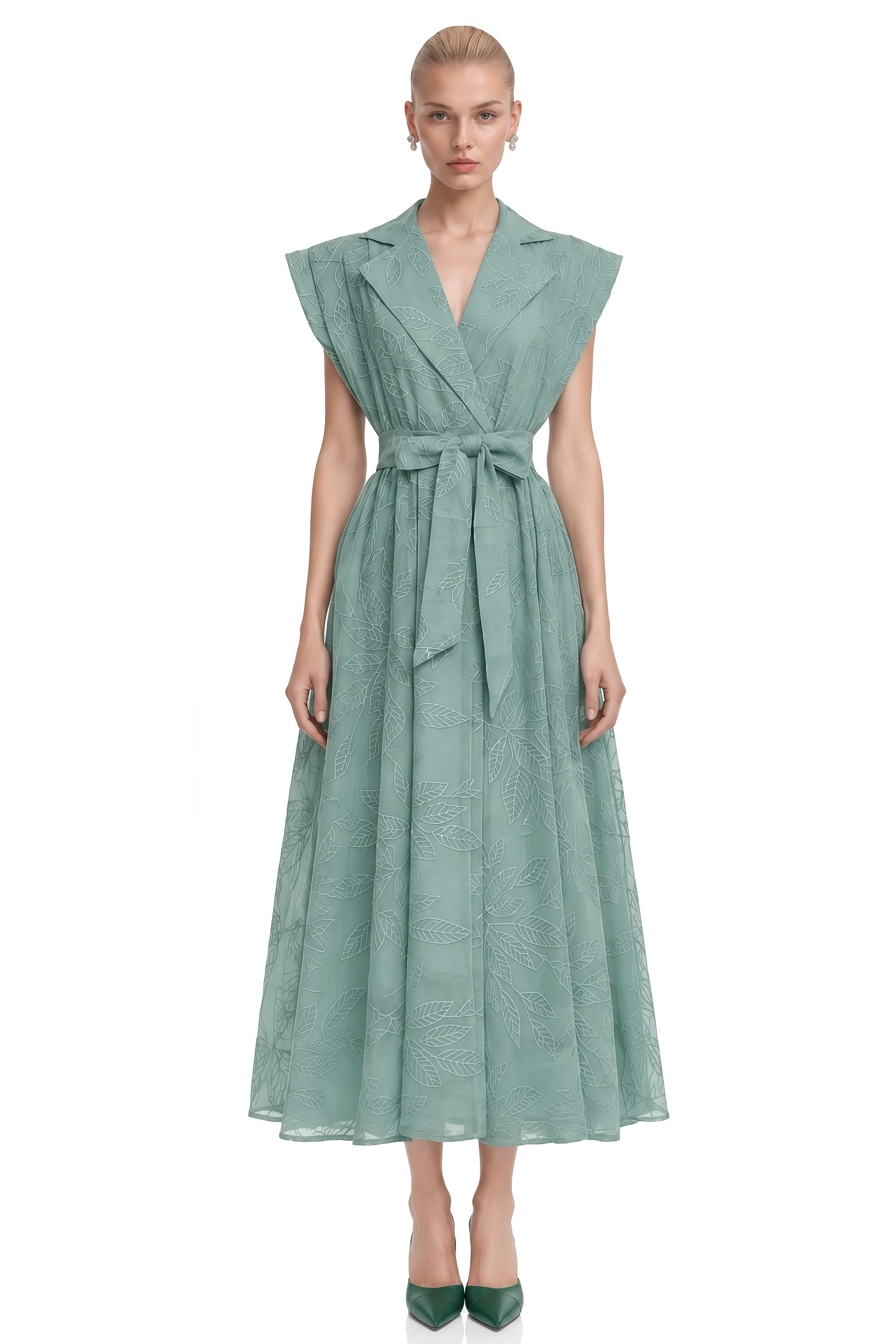 Theodora Green Sleeveless Belted Midi Dress