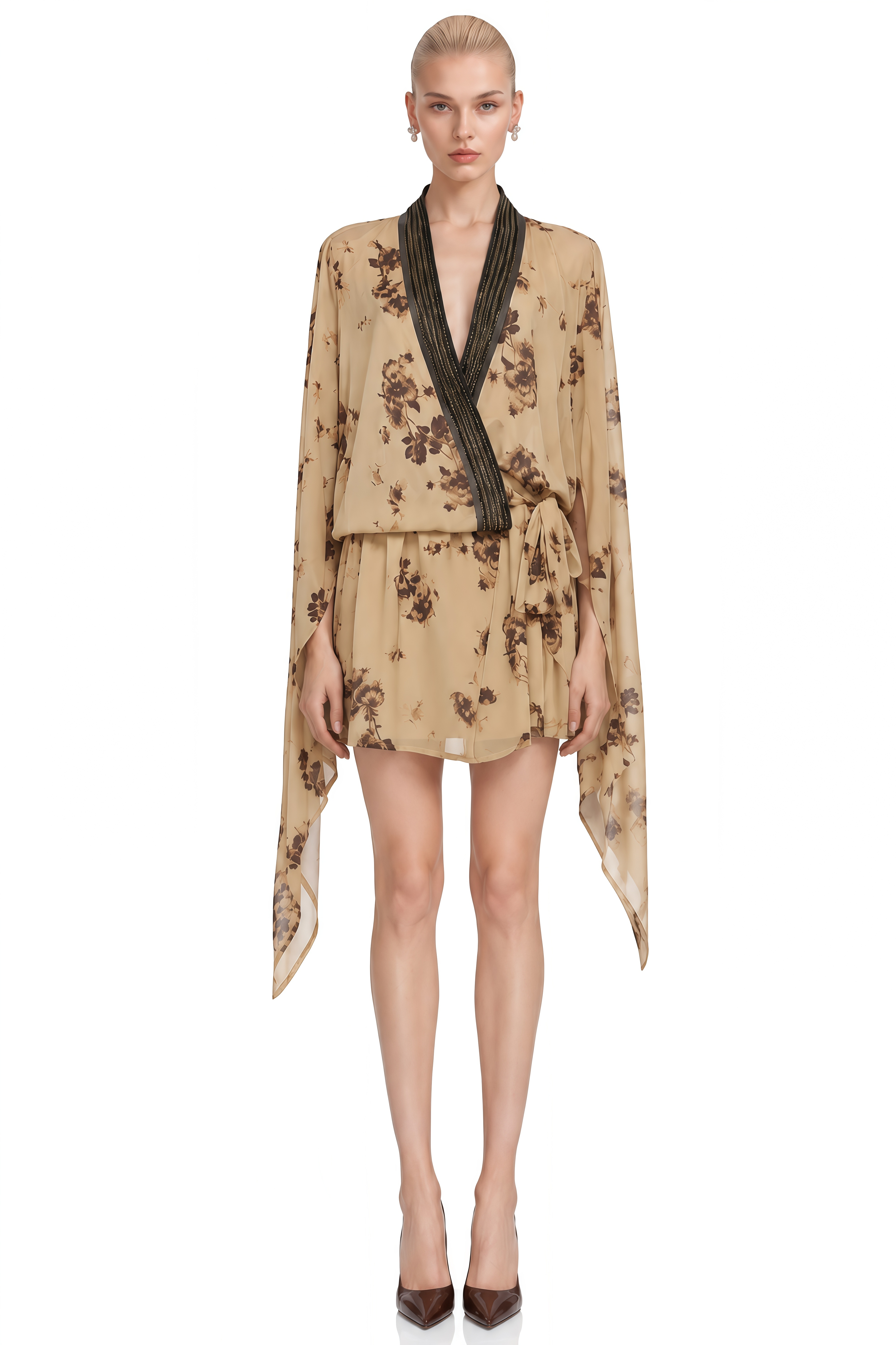 Lavinia Brown Floral print V-Neck Mini Dress