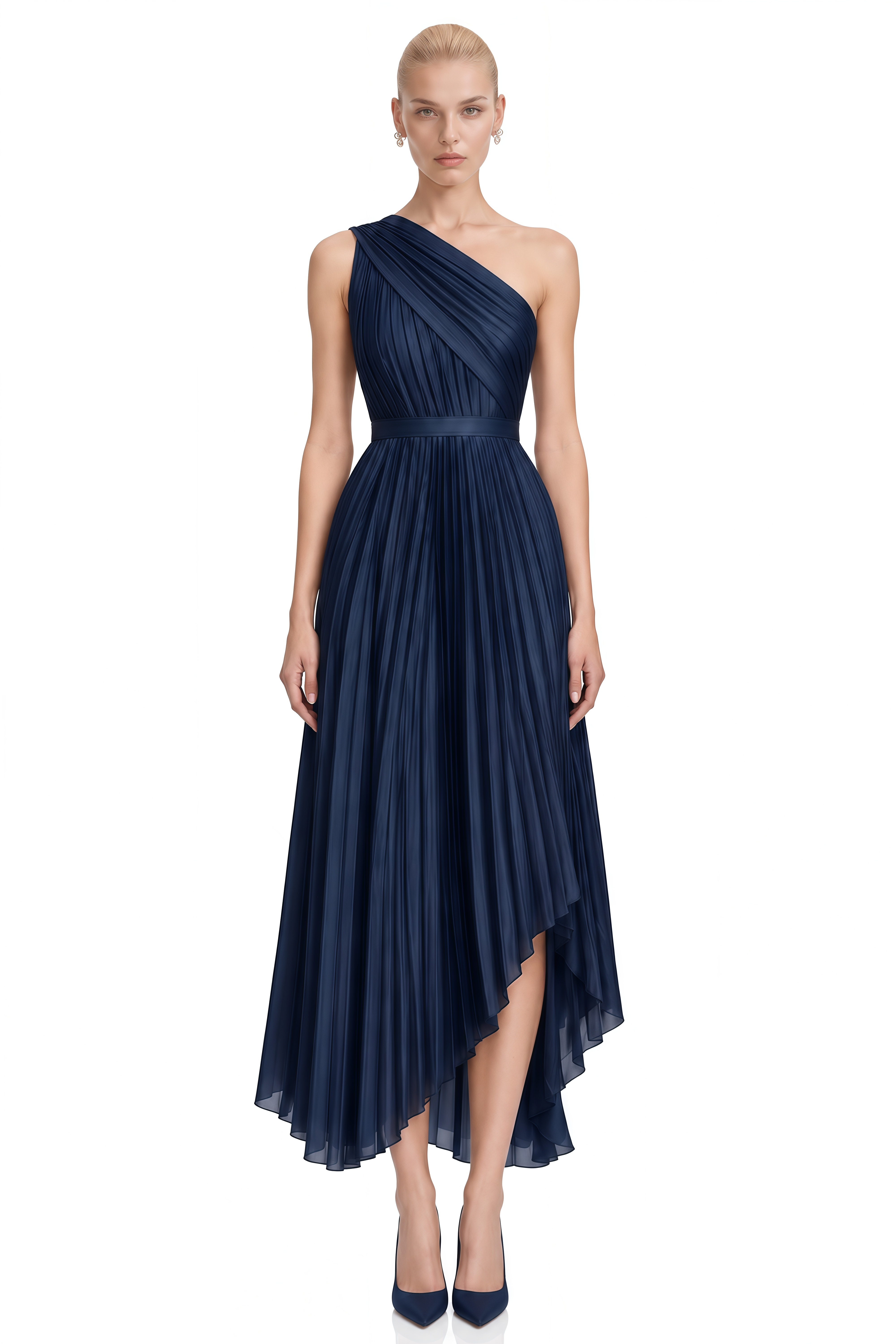 Margaux Navy Asymmetrical Draped Midi Dress