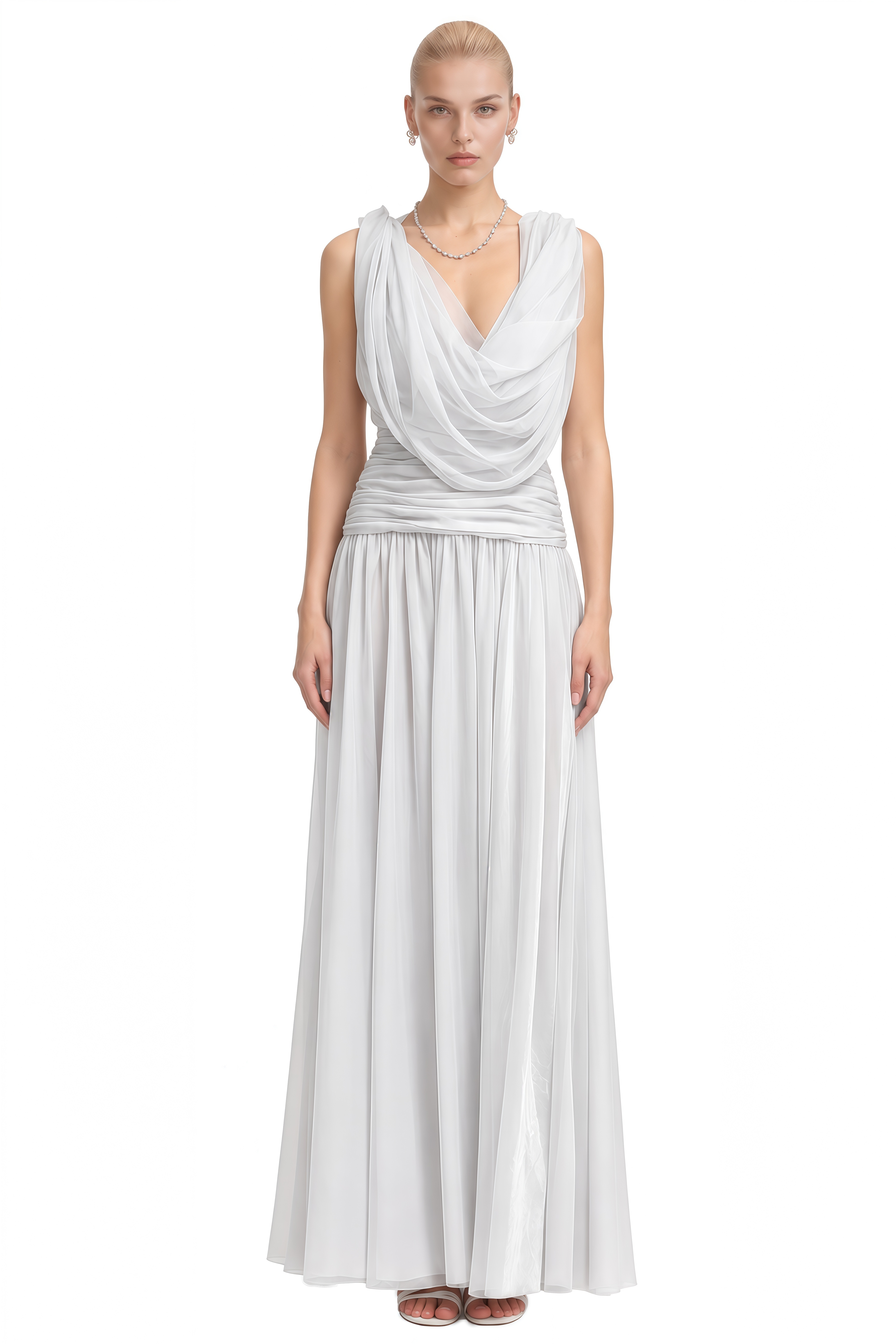 Ivy White Sleeveless Draped Maxi Dress