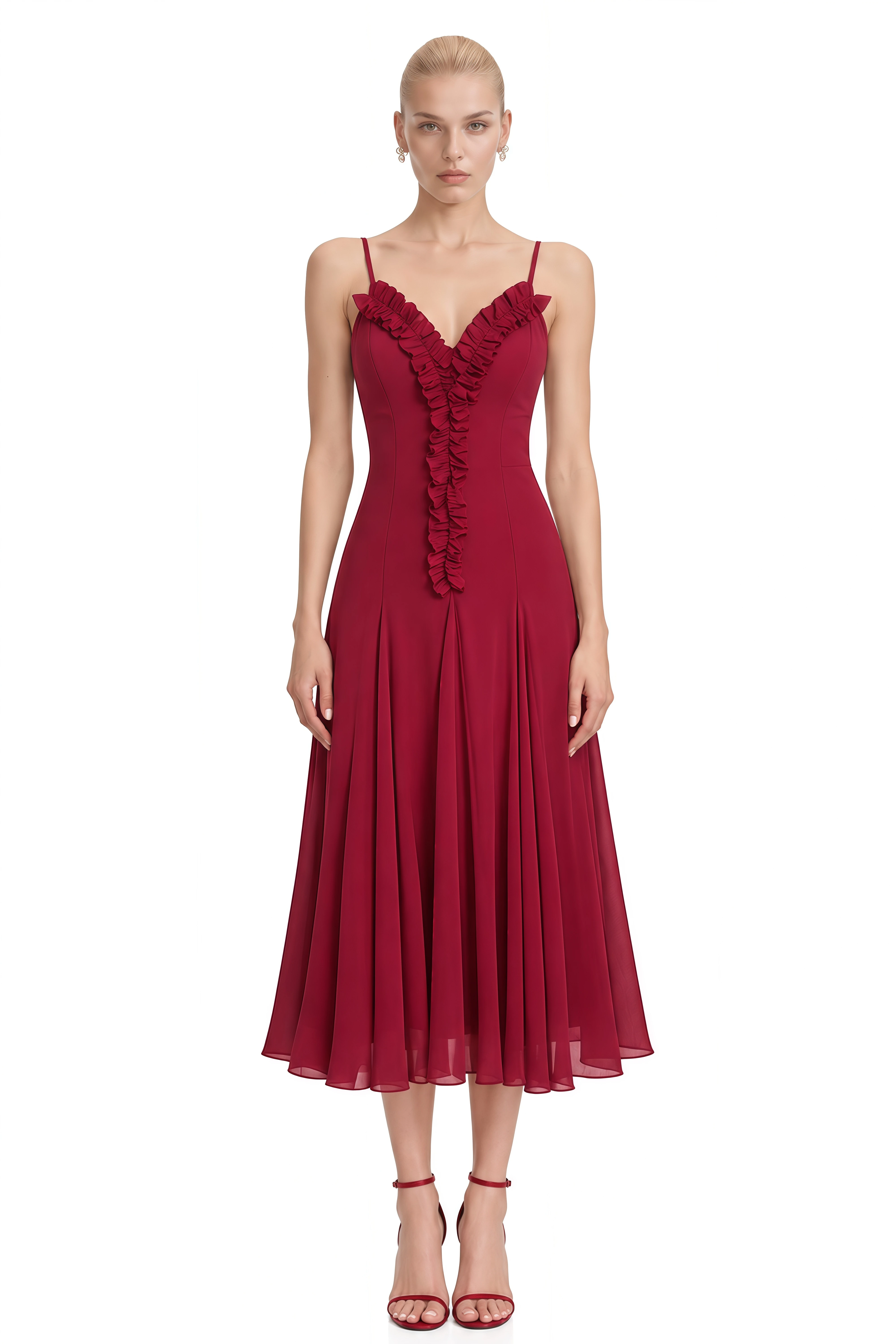 Ophelia Burgundy Ruffled Trim V-Neck Midi Dress