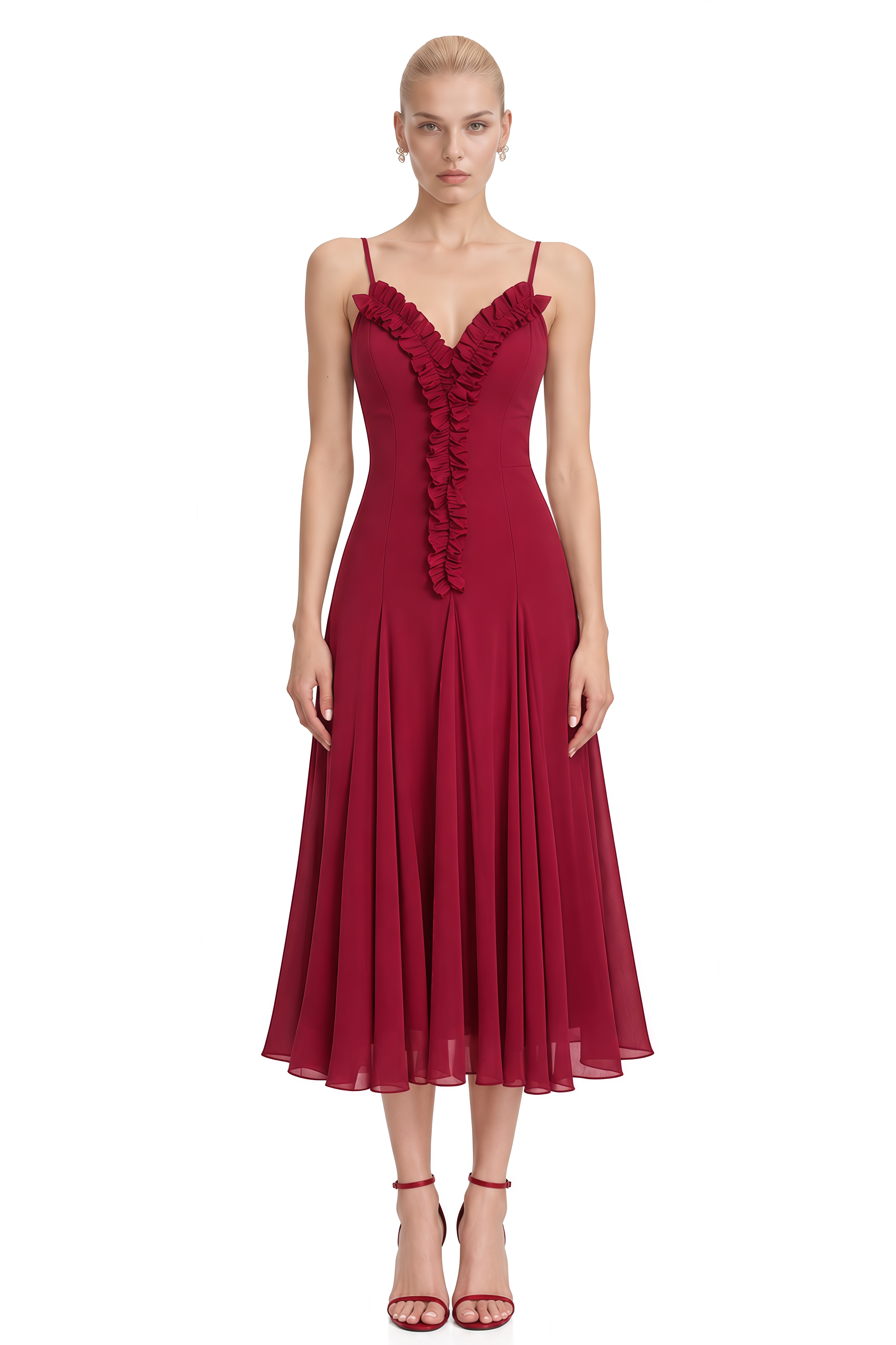 Ophelia Burgundy Ruffled Trim V-Neck Midi Dress