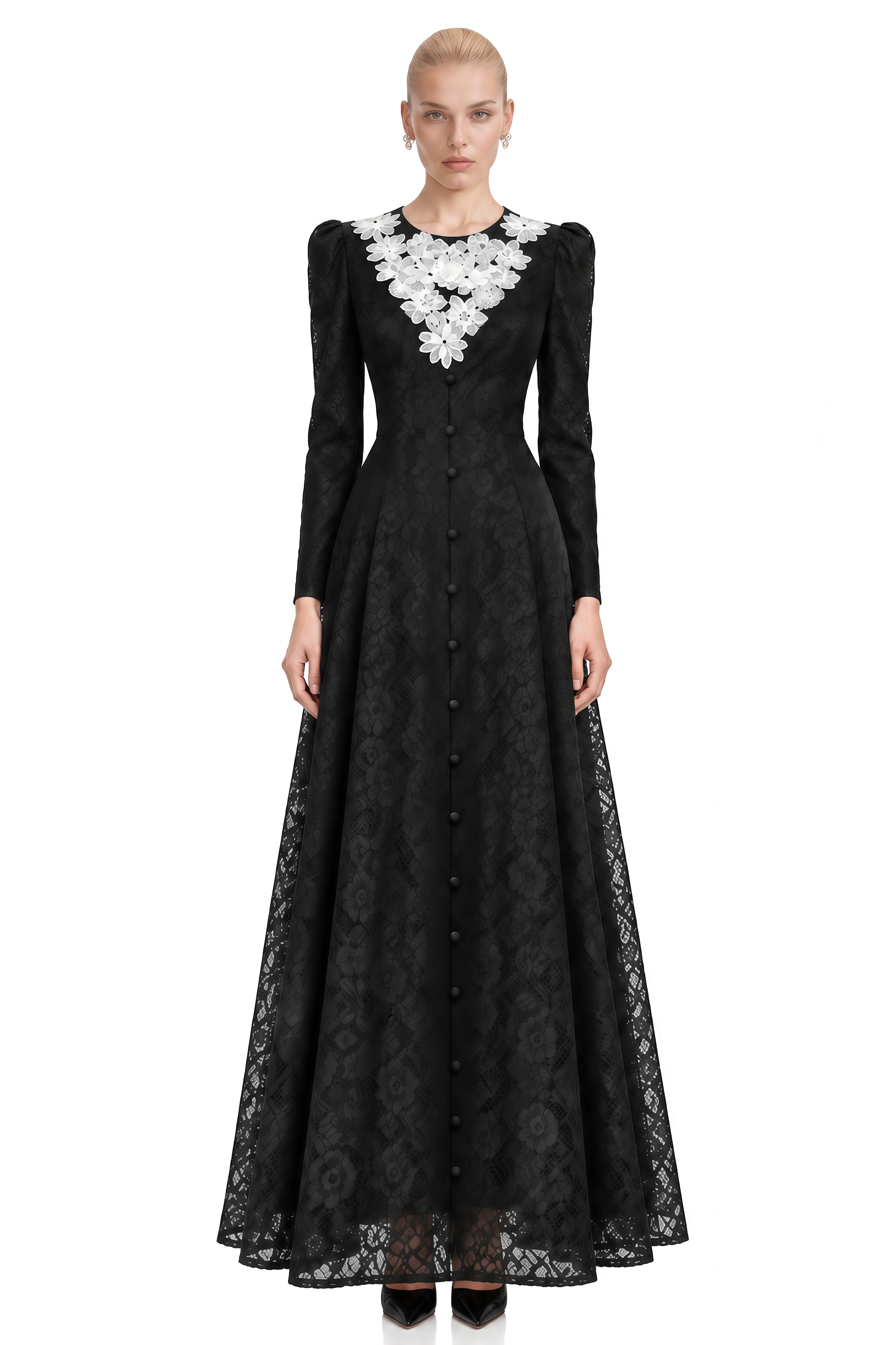 Poppy Black Round Neck Floral Appliqué Maxi Dress