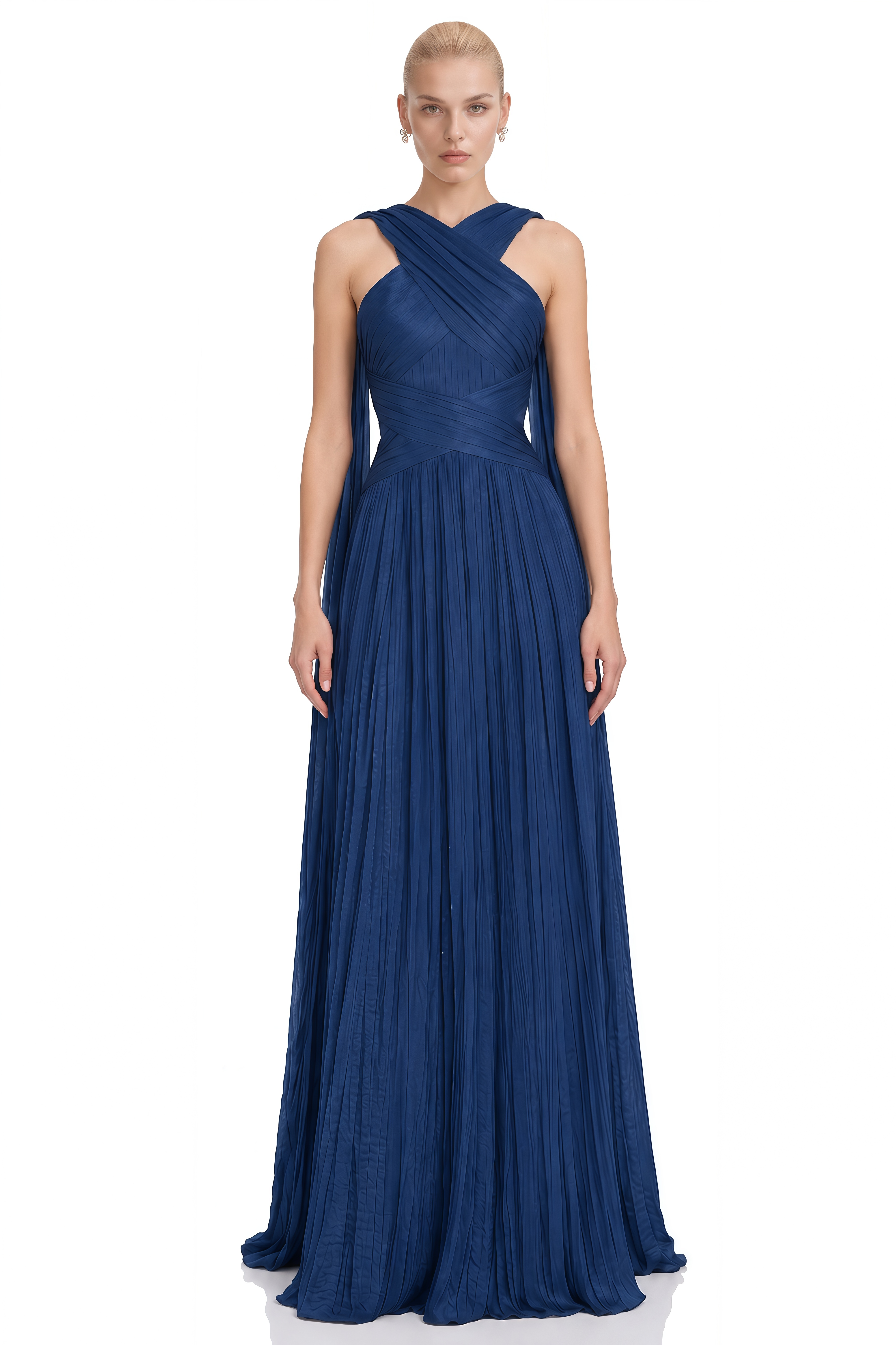 Josie Navy Crossed Pleated Flowing Maxi Dress