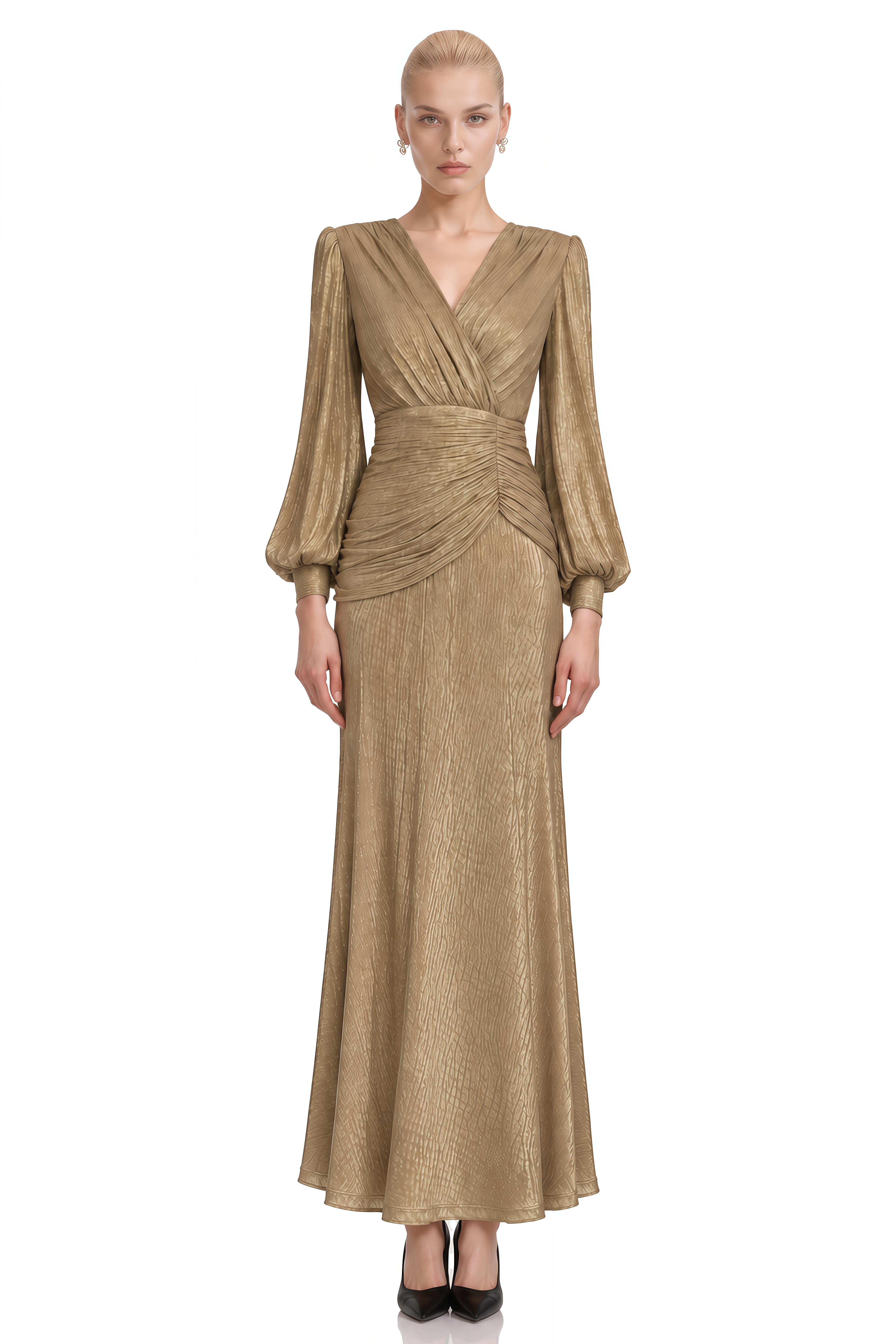 ‌Isolde Gold Asymmetrical Ruched Maxi Dress