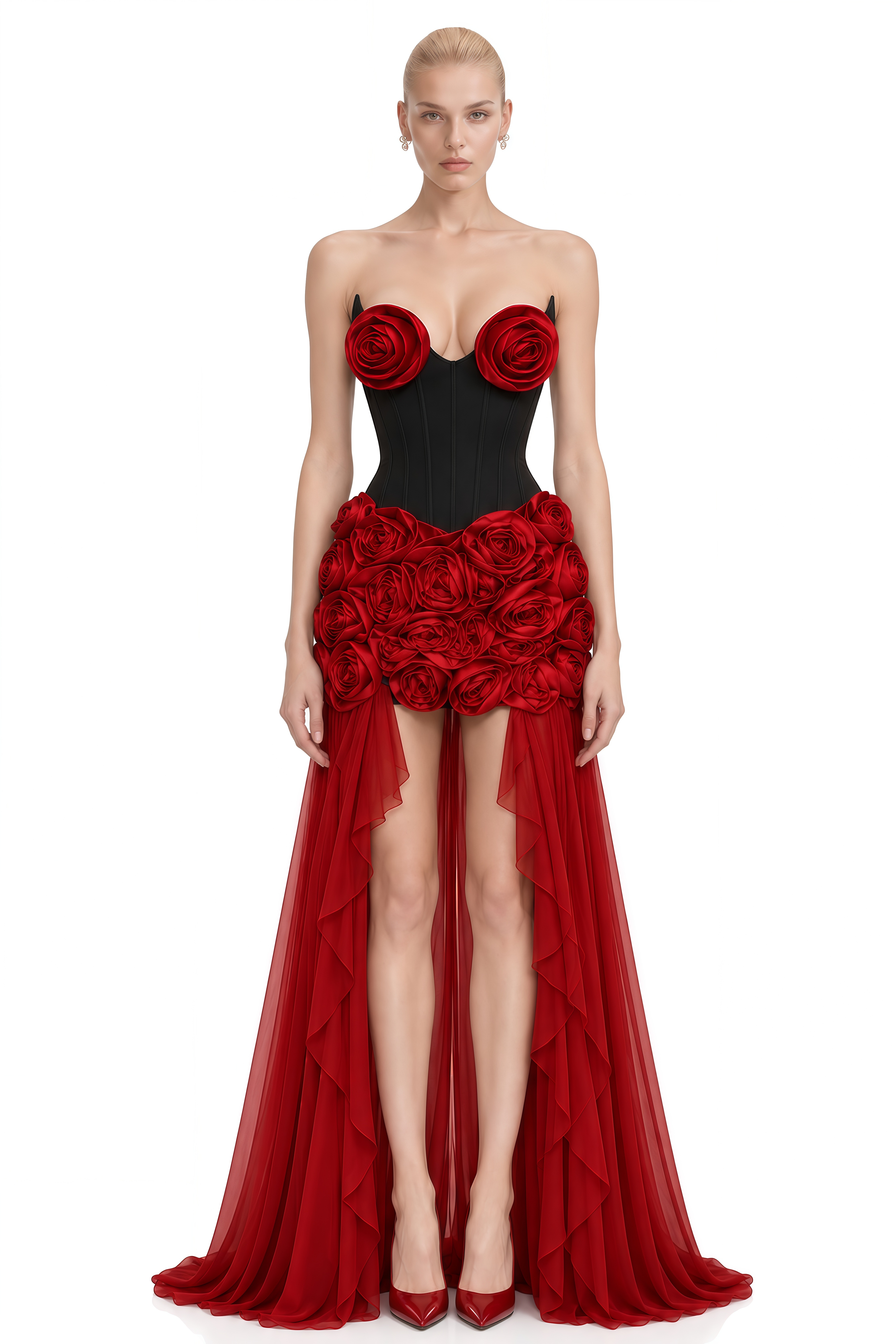 Julian Red 3D Floral High-Low Maxi Dress