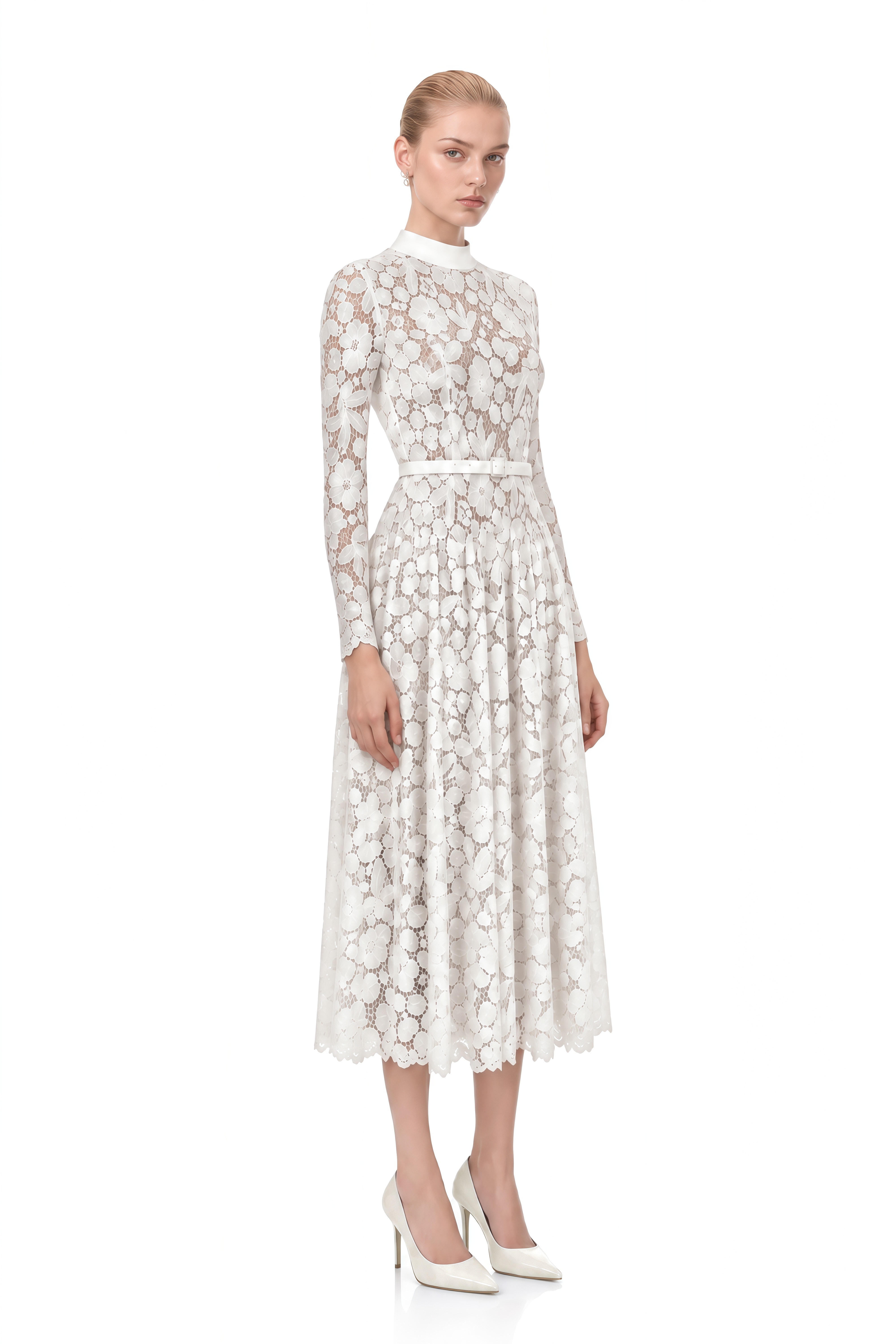Thalia White Turtleneck Floral Lace Midi Dress