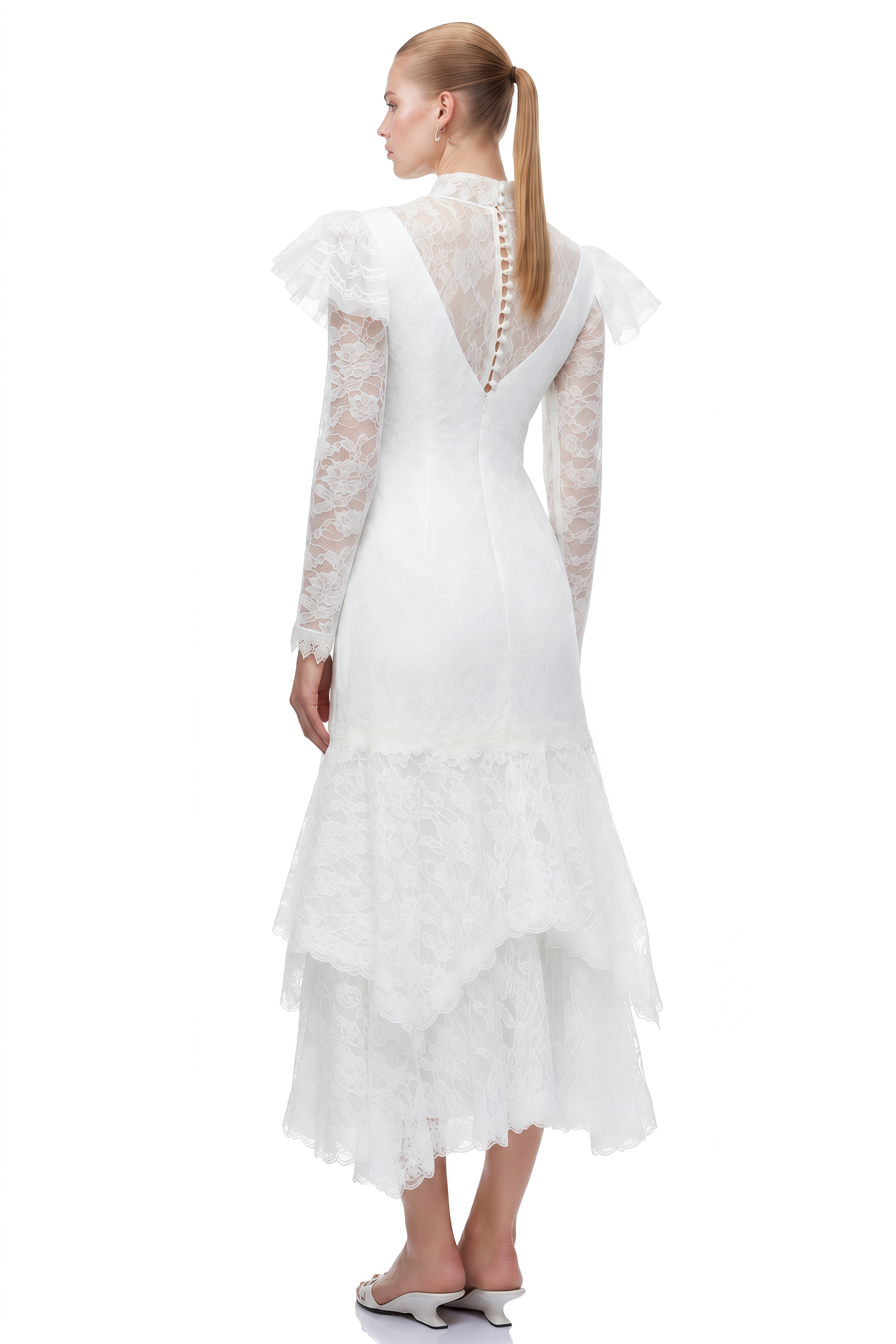 Margaux White Turtleneck Ruffled Midi Dress